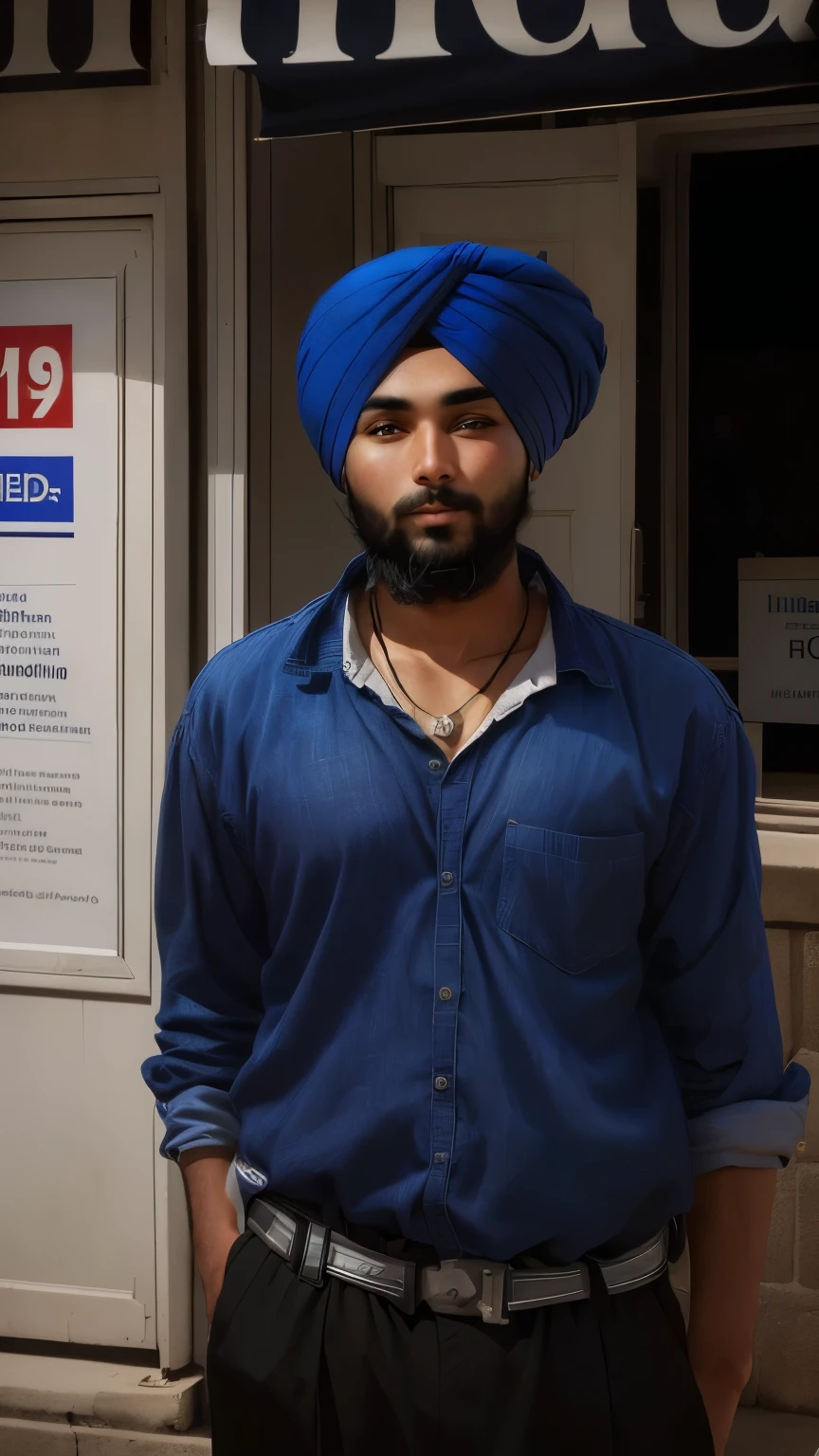 arafal man in blue shirt and black pants standing in front of a sign, around 1 9 years old, 2 2 years old, 2 3 years old, 2 4 years old, 18 years old, 2 7 years old, very clear picture, 21 years old, turban, 2 8 years old, by Manjit Bawa, post graduate