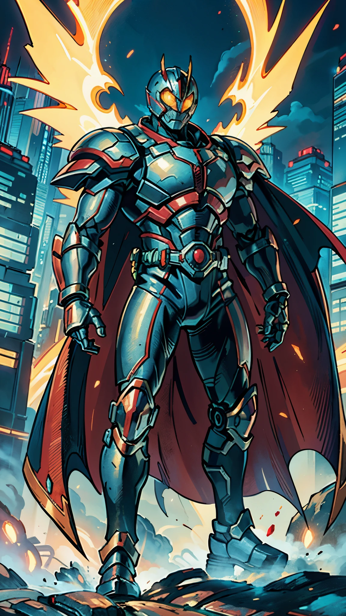 A man wearing a full-face helmet, a fantasy-style biotech armored combat suit, green eyes, (a composite layered chest armor), fully enclosed shoulder guards, matching arm and leg guards, the belt is adorned with fangs biting into gemstone, (the color scheme is primarily blue with black and red accents), the design balances heavy with agility, a high-tech bio-mecha armor, (Armor Concept Inspired by Vampire, the huge cape fluttering in the wind, stand on the top of a skyscraper in a futuristic sci-fi city), this character embodies a finely crafted fantasy-surreal style armored hero in anime style, exquisite and mature manga art style, (battle damage, element, blood, plasma, energy, the armor glows), ((male:1.5)), metallic, real texture material, dramatic, high definition, best quality, highres, ultra-detailed, ultra-fine painting, extremely delicate, professional, perfect body proportions, golden ratio, anatomically correct, symmetrical face, extremely detailed eyes and face, high quality eyes, creativity, RAW photo, UHD, 32k, Natural light, cinematic lighting, masterpiece-anatomy-perfect, masterpiece:1.5