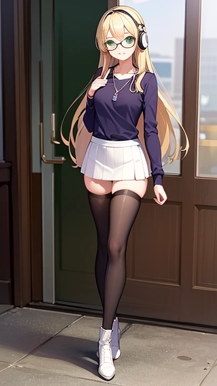 ((Full body, best quality, highly detailed)) 1girl, blonde, long hair, green eyes, medium breasts, glasses, casual clothes, purple shirt, white skirt, thighhighs, pendant, she's listening music with headphones