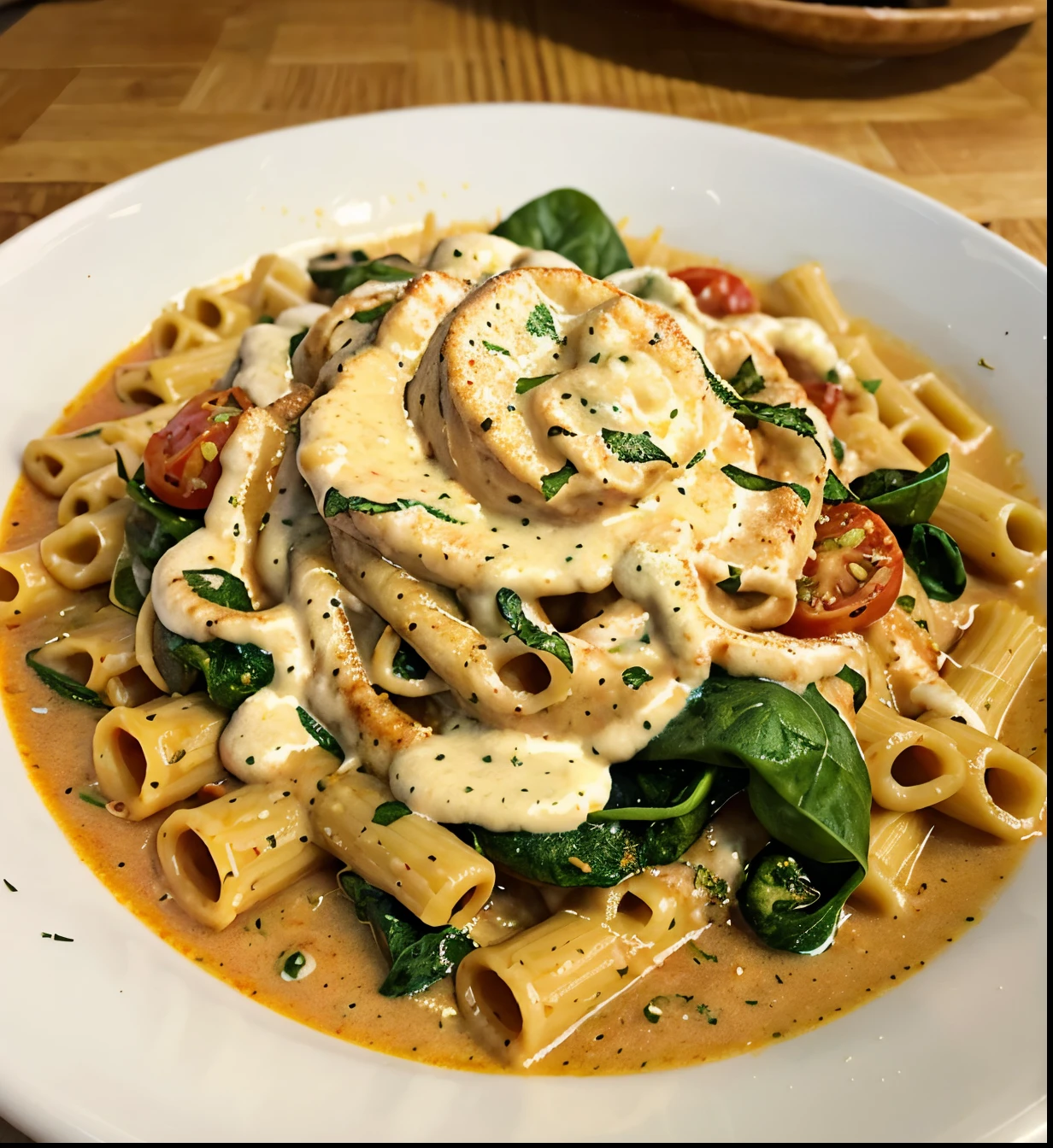 Creamy Sausage Rigatoni with Spinach, Garlic, and Tomato Cream Sauce the pasta has the tomato color sauce