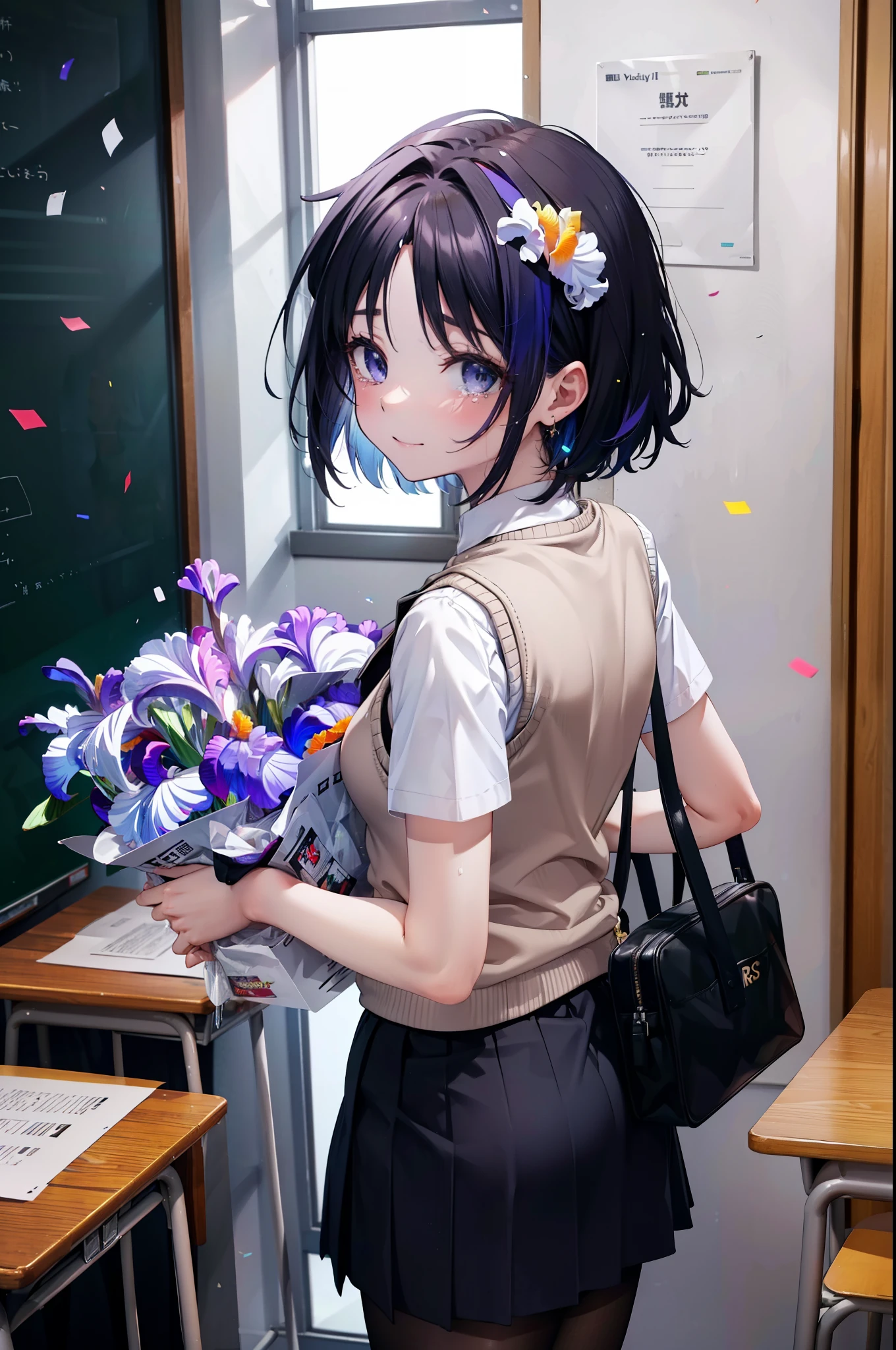 yuukikonno, Yuki Konno,Black Hair,short hair,Bob Hair ,Green headband,(iris:1.5), (Small breasts:1.2), smile,break skirt, shirt, bow, ribbon, , white shirt, Short sleeve, Pleated skirt, collared shirt, mini skirt, bowtie, 茶色のloafers , Black Skirt, Black Pantyhose, loafers, black bow, Sweater vest, (back Sweater vest:1.5),There is a big birthday cake on the table.,Tears stream down her face,Tears of joy,I cry a lot,whole bodyがイラストに入るように,holding a large bouquet of flowers in both hands,Confetti,
break indoors, School,classroom,
break looking at viewer, whole body,
break (masterpiece:1.2), highest quality, High resolution, unity 8k wallpaper, (shape:0.8), (Beautiful details:1.6), Highly detailed face, Perfect lighting, Highly detailed CG, (Perfect hands, Perfect Anatomy),