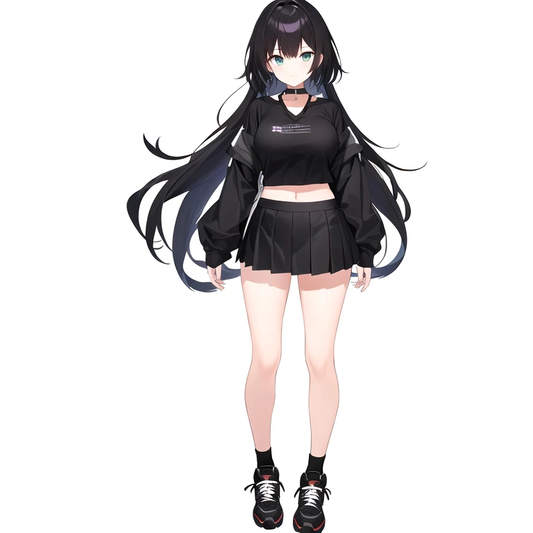 Cartoon girl in a short skirt and black top, Anime VTuber Full Body Model, One character's whole body, Anime full body illustration, Possibility of whole body use, Single character, Astral Witch Outfit, Costume Design, Full body details, Short full body portrait!, Witchcore Outfit, Full body sprite, Full body with costume, Visual Novel Sprites