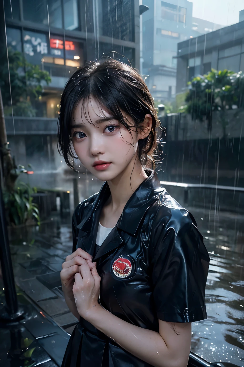 (Leica 10772 M-P, 85mm macro lens, F/8 aperture, film still), (RAW shooting, Photoreal:1.5, 8K, highest quality, masterpiece, ultra high resolution), (((Typhoon heavy rain))), raining, Highly detailed skin and facial textures:1.2, Japanese girl, 18 years old, Fair skin, white skin, (Whole body is floating in the air:1.4), (My whole body is in the air:1.4), (floating:1.4), (Drifting in the air:1.4), perfect style:1.2, water droplets on the skin, (black hair:1.2), super short cut hair, (Bra see-through, Chest gap), (rain drips all over my body:1.2, wet body:1.2, wet hair:1.3), (Wet school uniform:1.3), (struggling, The expression on your face when you feel intense caress, Facial expression when feeling pleasure), (beautiful black eyes, Eyes that feel beautiful eros:1.3)