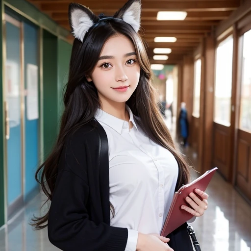 masterpiece, best quality, highly detailed, beautiful girl at school with her neat uniform and sweet smile, holding a textbook in her hand. The background is a busy school hallway with her friends interacting behind her, wearing, hijab, animal ear fluff, animal ears, black hair, fluffy hair, blush, brown eyes, flower, fox ears, big breasts, open top, half naked, topless