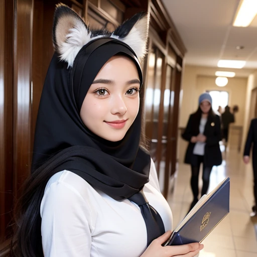 masterpiece, best quality, highly detailed, beautiful girl at school with her neat uniform and sweet smile, holding a textbook in her hand. The background is a busy school hallway with her friends interacting behind her, wearing, hijab, animal ear fluff, animal ears, black hair, fluffy hair, blush, brown eyes, flower, fox ears, big breasts, open top, half naked, topless