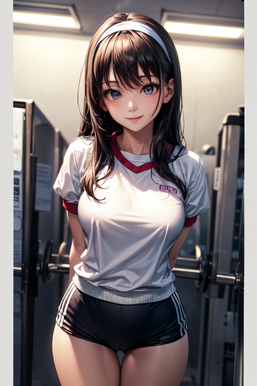 very cute and beautiful girl,(highly detailed beautiful face and eyes),(smile),happy,looking at viewer, (japanese ladies gym uniform),(blue bloomers),standing,arms behind back,detailed legs,locker room in training gym,black hair,hair band, (best quality,masterpiece),absurdres,highres,ultra-detailed,extremely detailed,32k,8k resolution, intricate details,cinematic scene,detailed background,solo,dynamic angle,