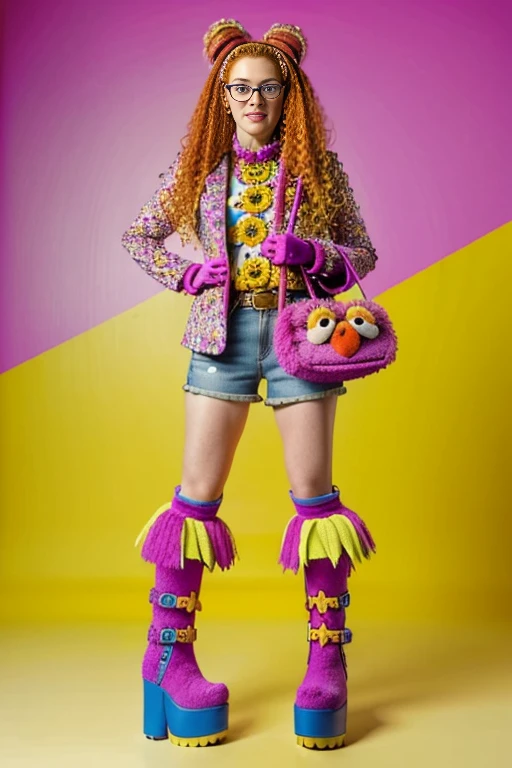 from below, gingergirl,pale skin full of freckles, glasses, muppet face bag, blue boots with a heel, full lenght view, heavy boots, platform boots, massive boots, kneehigh boots, full length view, full height view, flower power, killer boots, 1990s flower power hippy, outfit inspired by Muppets clothes outfit,pop art, sesame street, sesame street muppets, gonzo, the muppets, muppet show, totally gonzo, leaked image,