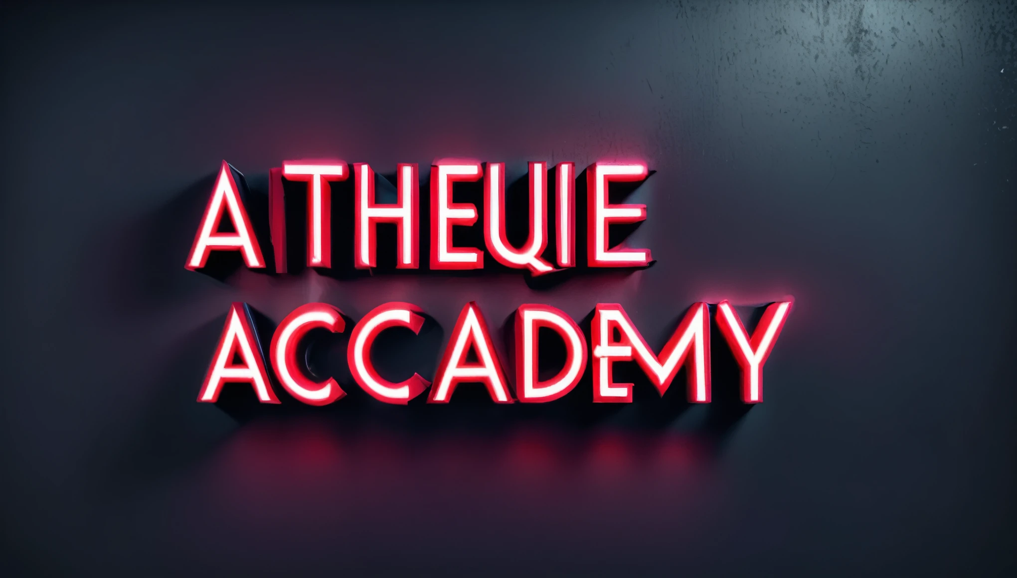 AtheeqAcademy,metallic texture,dark background,3D rendering,glossy finish,neon lights,high contrast,gritty style,sinister atmosphere,deep red color,sharp edges,glowing effect,aesthetic typography,edgy design