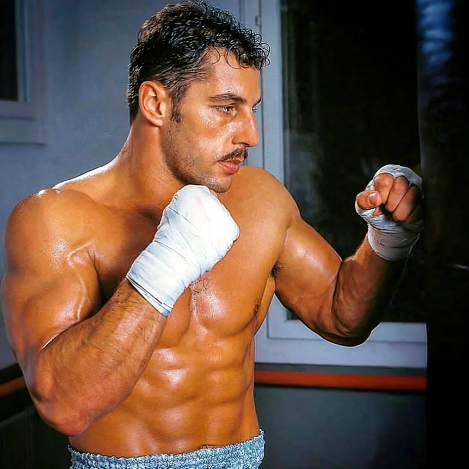 A stunning intricate full colour upper body statue of a man ((made of shiny metal)), bald, in a boxing arena, dark lighting, squinting eyes, wearing boxing gloves
epic character composition,
by ilya kuvshinov, alessio albi, nina masic,
sharp focus, natural lighting, subsurface scattering, f2, 35mm, film grain <lora:Walter White:0.8>