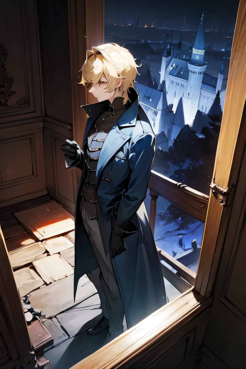 Blonde,Dark Eyes,Long coat,Blue inner,gloves,Abandoned house,Castle,night