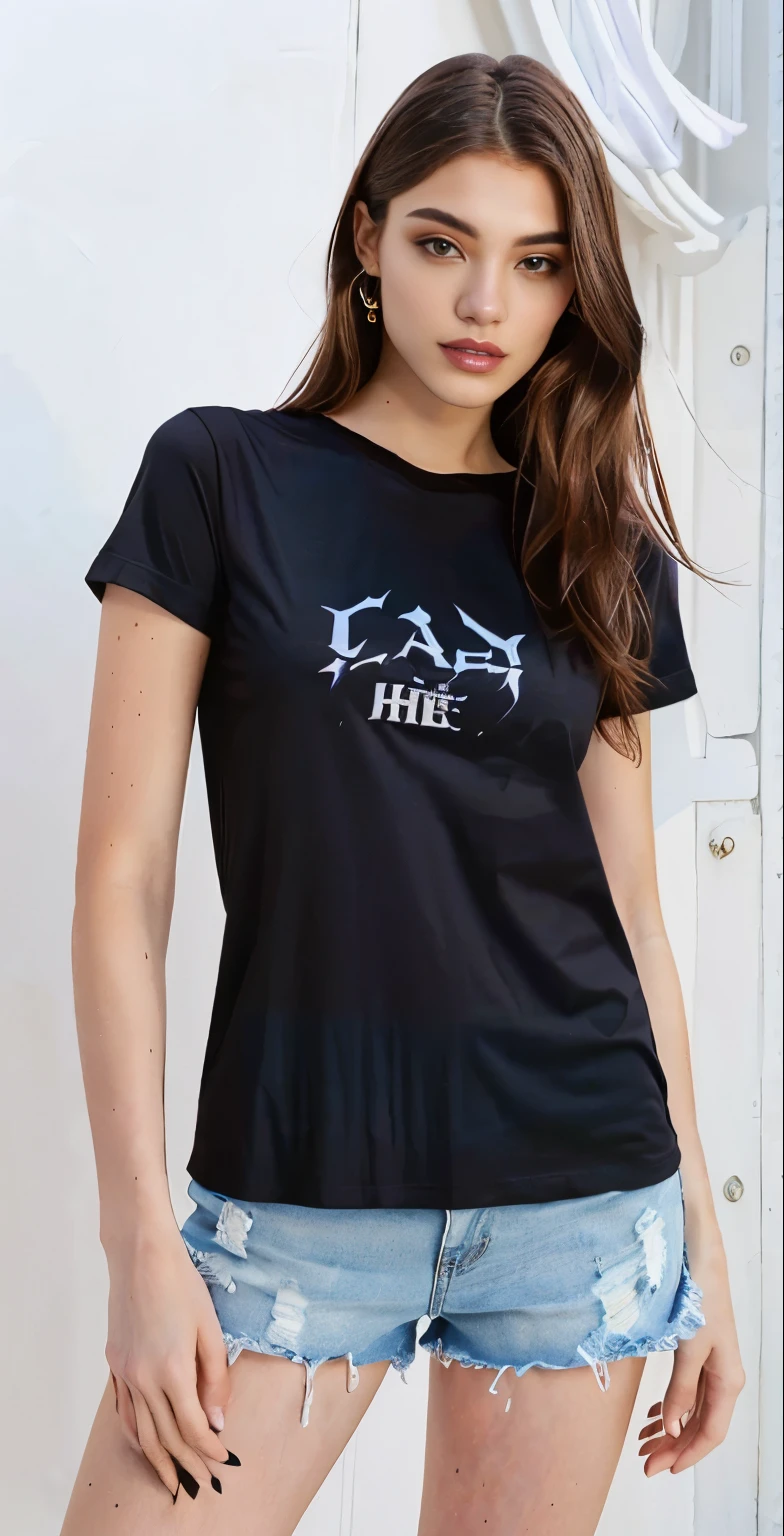 a woman wearing a camisa preta and shorts posing for a picture, wearing a camiseta preta, vestindo camiseta preta, vestindo uma camiseta preta, camiseta preta, camiseta preta, camiseta preta, camisa preta, wearing a camisa preta, vestindo uma camiseta, blusa preta, he is wearing a camiseta preta, roupas pretas casuais