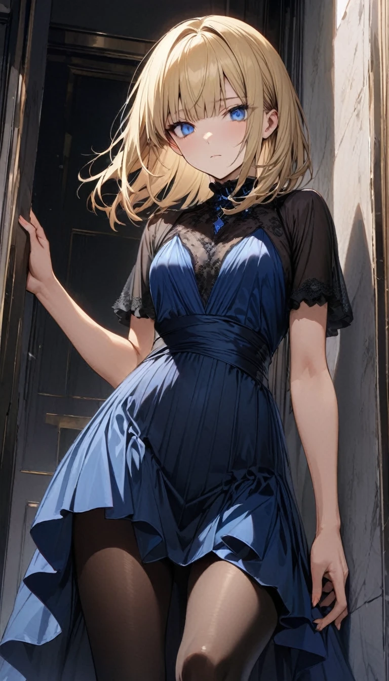 master piece, best quality, ultra detailed, handsome, expressionless, bad-tempered glare, 20 years old, 1 woman, medium hair, hime cut, blonde hair, cute eyes, blue eyes, black and blue party dress, black tights