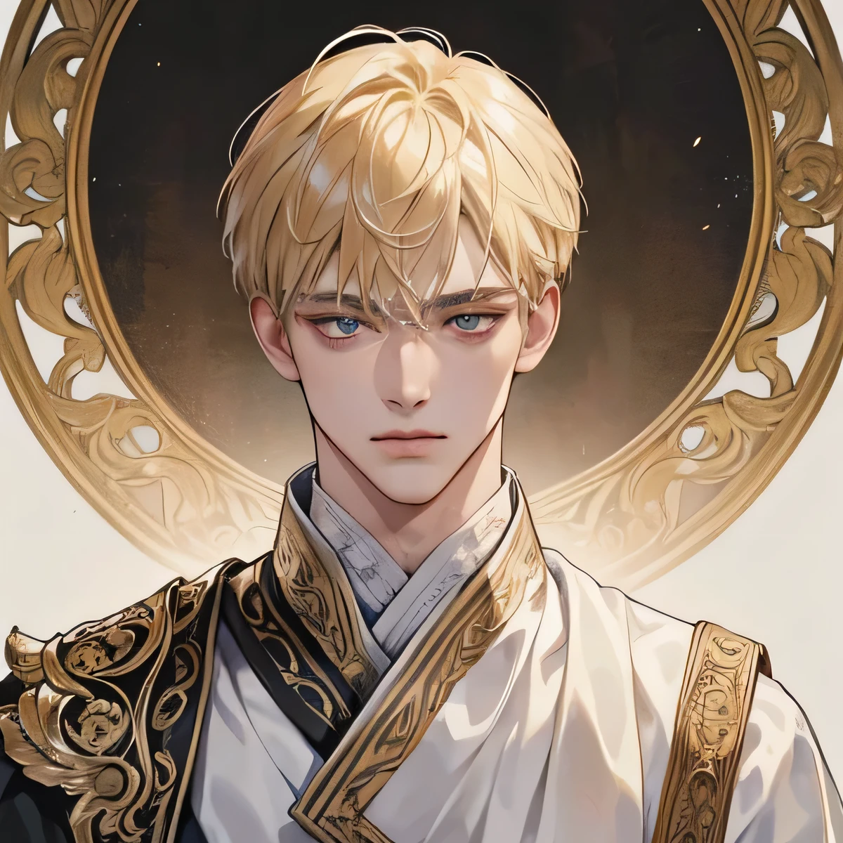 (extremely handsome:1.2), 8K,(masterpiece:1.0),(best_quality:1.0), 1 man, and intricate detailing, Enlarged textures, and intricate detailing, finely eye and detailed face, slightly muscular body, and intricate detailing, shiraga, blonde short hair, (closed mouths), Perfect eyes, tired eyes, red pupils, Equal eyes, carolina eyes (A male god) with white and gold ancient priest clothing