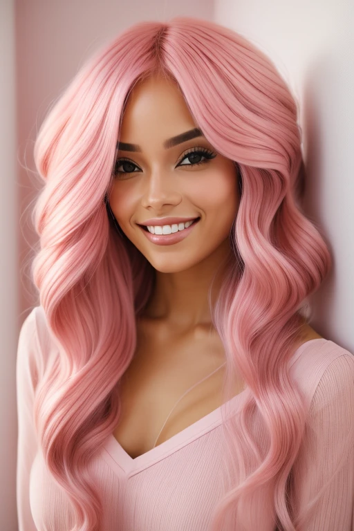 Mulher sorridente com cabelo rosa e olhos azuis em um quarto escuro, com cabelo rosa, cabelo rosa wispy, flowing pink hair, cabelo rosa, retrato colorido, rosto rosa brilhante, bonito com cabelo rosa curto, long flowing pink hair, red hair and attractive features, Cabelos brilhantes, bonito e sorridente, cabelo rosa claro, cabelo rosa claro com chamas cor-de-rosa, cor-de-rosa