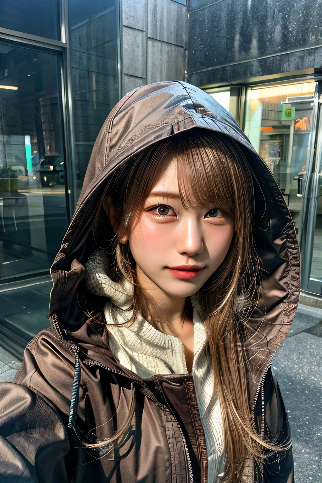 highest quality, Tabletop, 超A high resolution, (Realistic:1.4), RAW Photos, One Girl, Hooded jacket, In the Dark, Deep Shadow, Low Key, Cold Light, Detailed skin