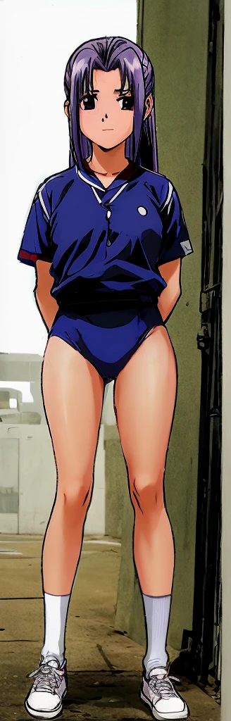 Momoko Koigakubo, a tall girl with beautiful legs, is standing with her legs spread to the sides in a white gym uniform and light navy blue bloomers that look like panties.。Next to Momoko Koigakubo, a boy with a shaved head and wearing a tracksuit is smiling and grabbing her thigh.。