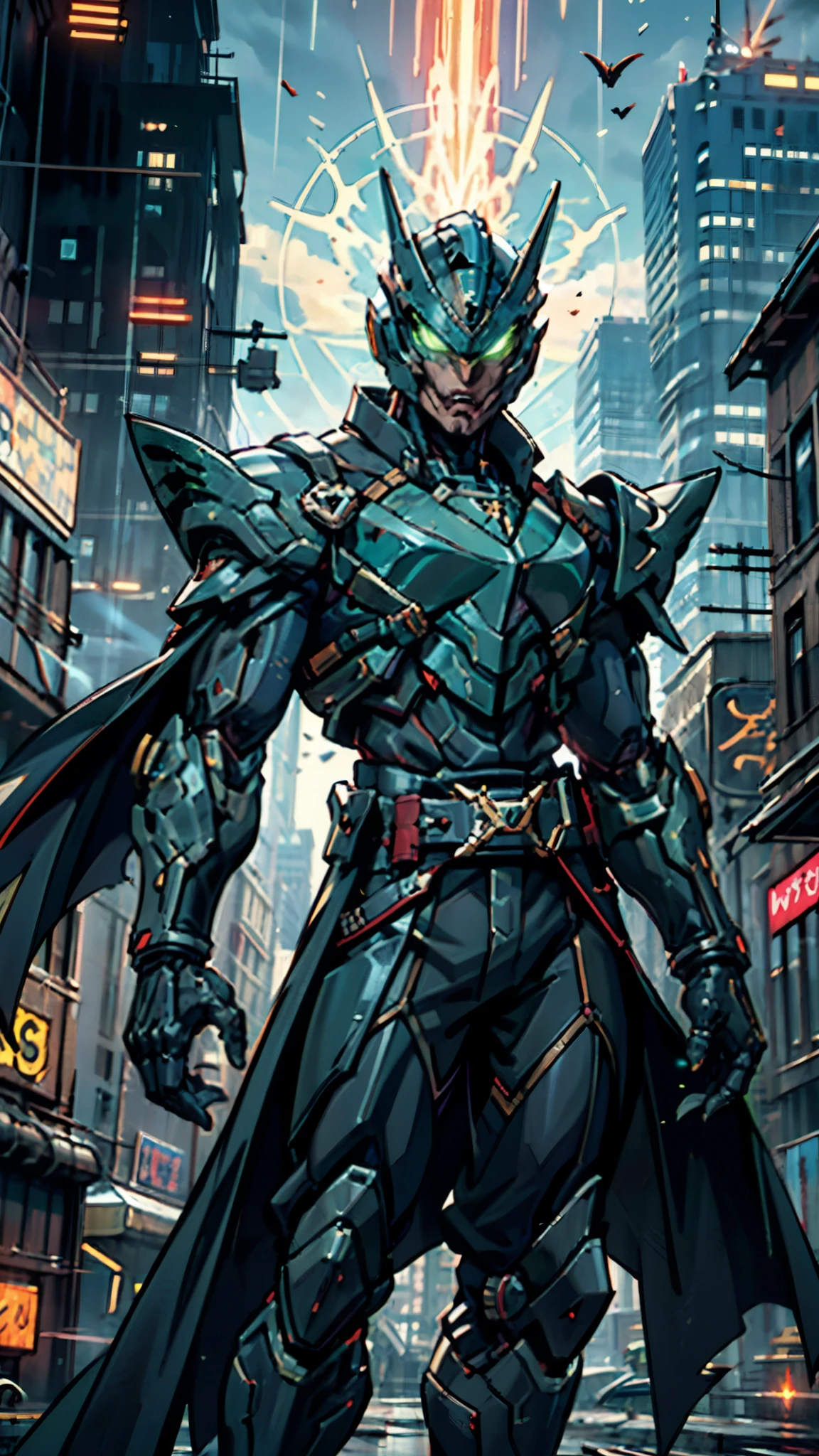 A man wearing a full-face helmet, a fantasy-style biotech armored combat suit, green eyes, (a composite layered chest armor), fully enclosed shoulder guards, matching arm and leg guards, the belt is adorned with fangs biting into gemstone, (the color scheme is primarily blue with black and red accents), the design balances heavy with agility, a high-tech bio-mecha armor, (Armor Concept Inspired by Vampire, the huge cape fluttering in the wind, stand on the top of a skyscraper in a futuristic sci-fi city), this character embodies a finely crafted fantasy-surreal style armored hero in anime style, exquisite and mature manga art style, (battle damage, element, blood, plasma, energy, the armor glows), ((male:1.5)), metallic, real texture material, dramatic, high definition, best quality, highres, ultra-detailed, ultra-fine painting, extremely delicate, professional, perfect body proportions, golden ratio, anatomically correct, symmetrical face, extremely detailed eyes and face, high quality eyes, creativity, RAW photo, UHD, 32k, Natural light, cinematic lighting, masterpiece-anatomy-perfect, masterpiece:1.5