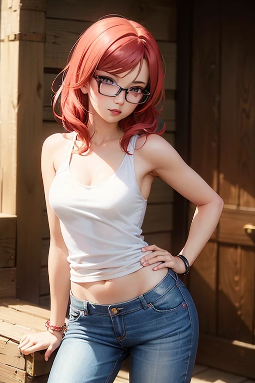 Nishikino maki, Purple eyes, red hair, lipstick,red tank top, denim pants,low waist pants, open pants, glasses, bracelet, cleavage, standing, realistic art, cowboy shot, sexy