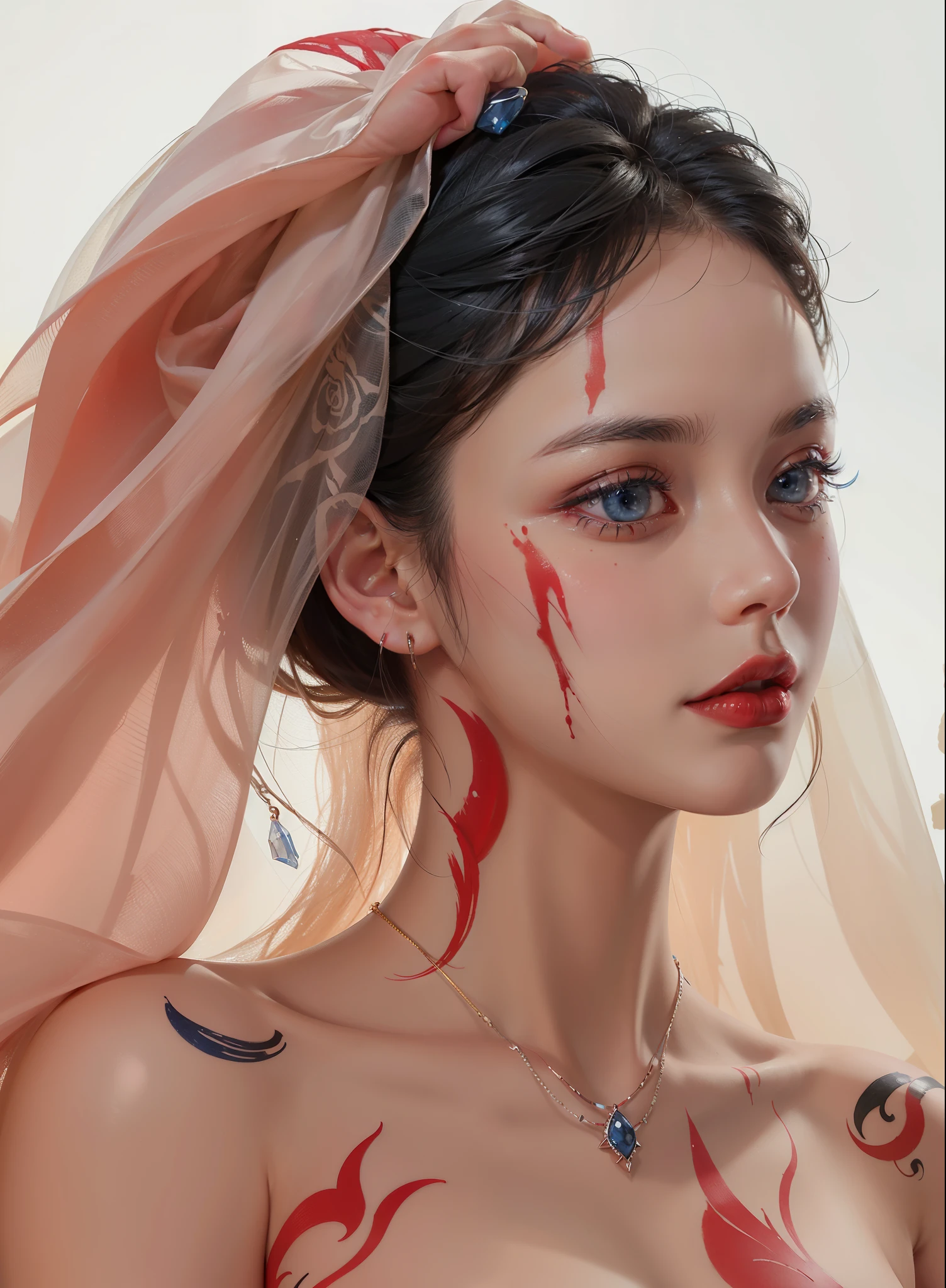 Super detailed, Delicate face, Realistic style, Stock Photography: , rich and colorful, Surrealism, Realistic textures, Dramatic Lighting, Thin Film Distiller 800 (8K, original photo, Better quality, masterpiece: 1.2), Super detailed, (Extremely delicate skin: 1.2), 8K Ultra HD, SLR camera, Soft Light, high quality,Snow Queen,ice castle,Blue pupils,Apply red lipstick,Tattoo goddess,With tattoo pattern,Ultra-clear portrait,apply lipstick,Wearing necklace jewelry,apply lipstick,Wear heavy makeup,The facial texture is very clear,Beautiful tattoos on the body,Deep blue eyes(Sapphire-like pupils),Blood on the face