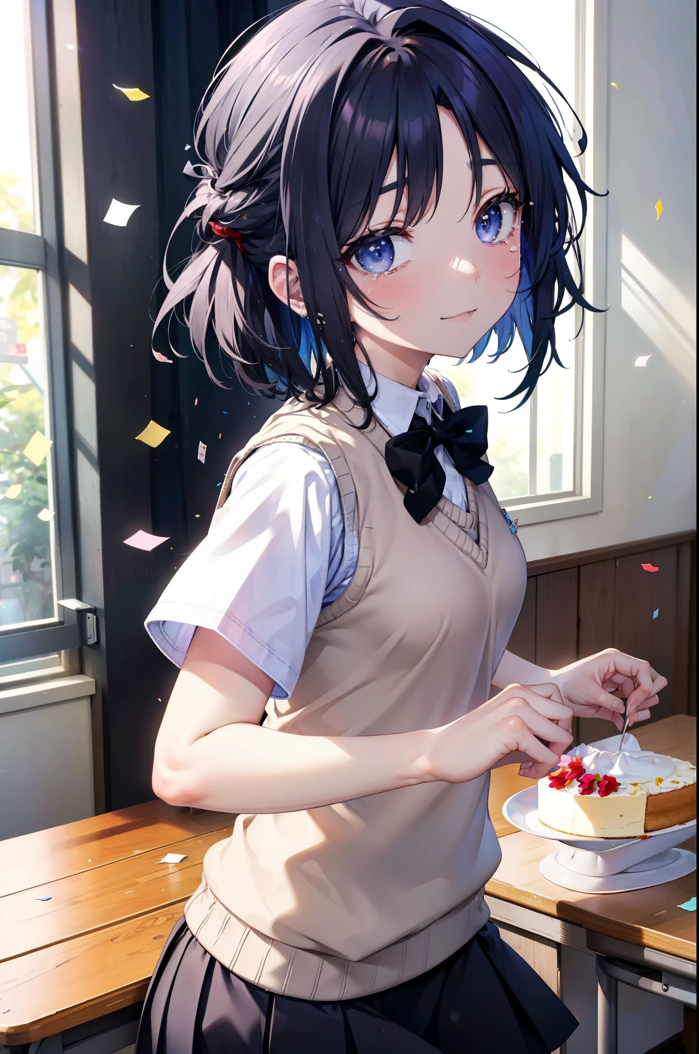yuukikonno, Yuki Konno,Black Hair,short hair,Bob Hair ,Green headband,(iris:1.5), (Small breasts:1.2), smile,break skirt, shirt, bow, ribbon, , white shirt, Short sleeve, Pleated skirt, collared shirt, mini skirt, bowtie, 茶色のloafers , Black Skirt, Black Pantyhose, loafers, black bow, Sweater vest, (back Sweater vest:1.5),There is a big birthday cake on the table.,Tears stream down her face,Tears of joy,I cry a lot,whole bodyがイラストに入るように,holding a large bouquet of flowers in both hands,Confetti,
break indoors, School,classroom,
break looking at viewer, whole body,
break (masterpiece:1.2), highest quality, High resolution, unity 8k wallpaper, (shape:0.8), (Beautiful details:1.6), Highly detailed face, Perfect lighting, Highly detailed CG, (Perfect hands, Perfect Anatomy),