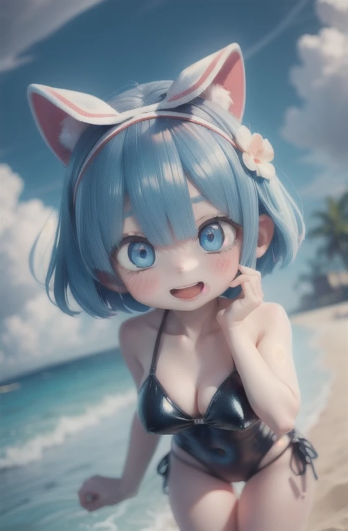 Againm /(Again:zero)/ ,One piece swimsuit on the beach in summer、Frolicking on the edge of the waves、、With a smile、Anime Girls , short light blue hair , blue eyes, Girl Fanart, in an Anime Style, in Anime Style, Gweiz-style artwork, Anime Moe Art Style, modern Anime Style, Anime Style illustration, Anime Style only, Anime art style, Anime Style, Anime Style character, Anime Style. 8k, Anime Style art, Anime Style 4 k