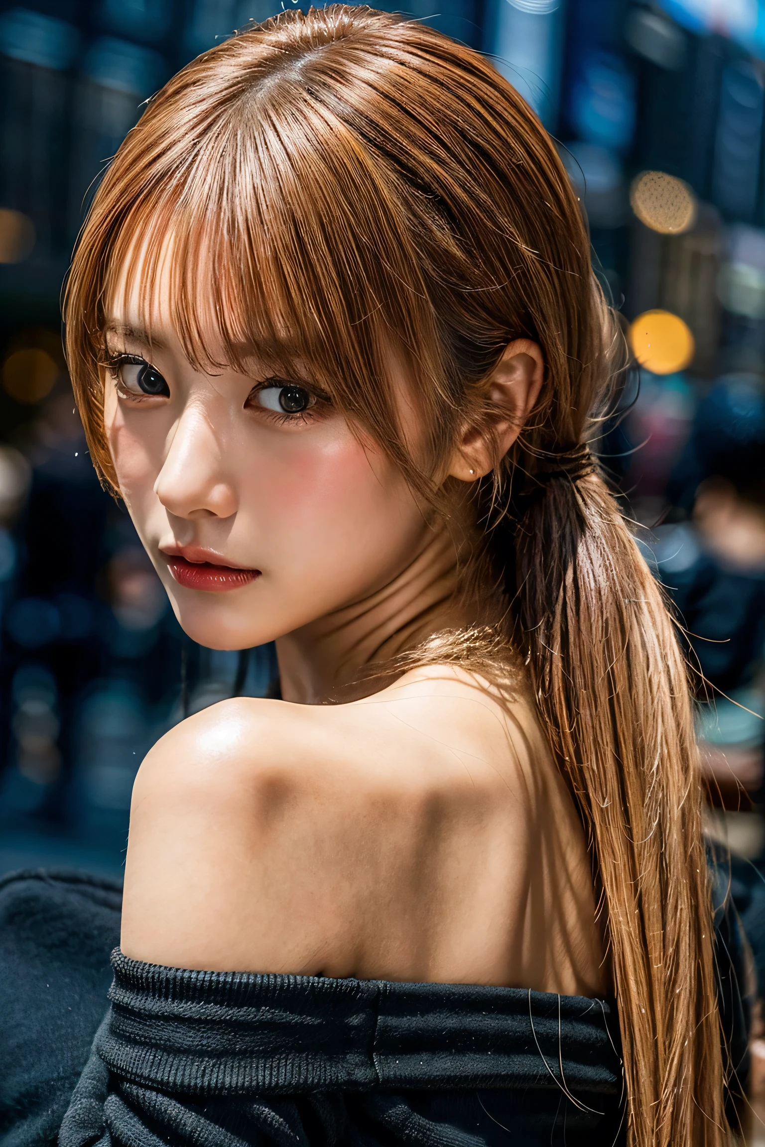 highest quality, Tabletop, 超A high resolution, (Realistic:1.4), RAW Photos, One Girl, Off the shoulder, In the Dark, Deep Shadow, Low Key, Cold Light, Detailed skin