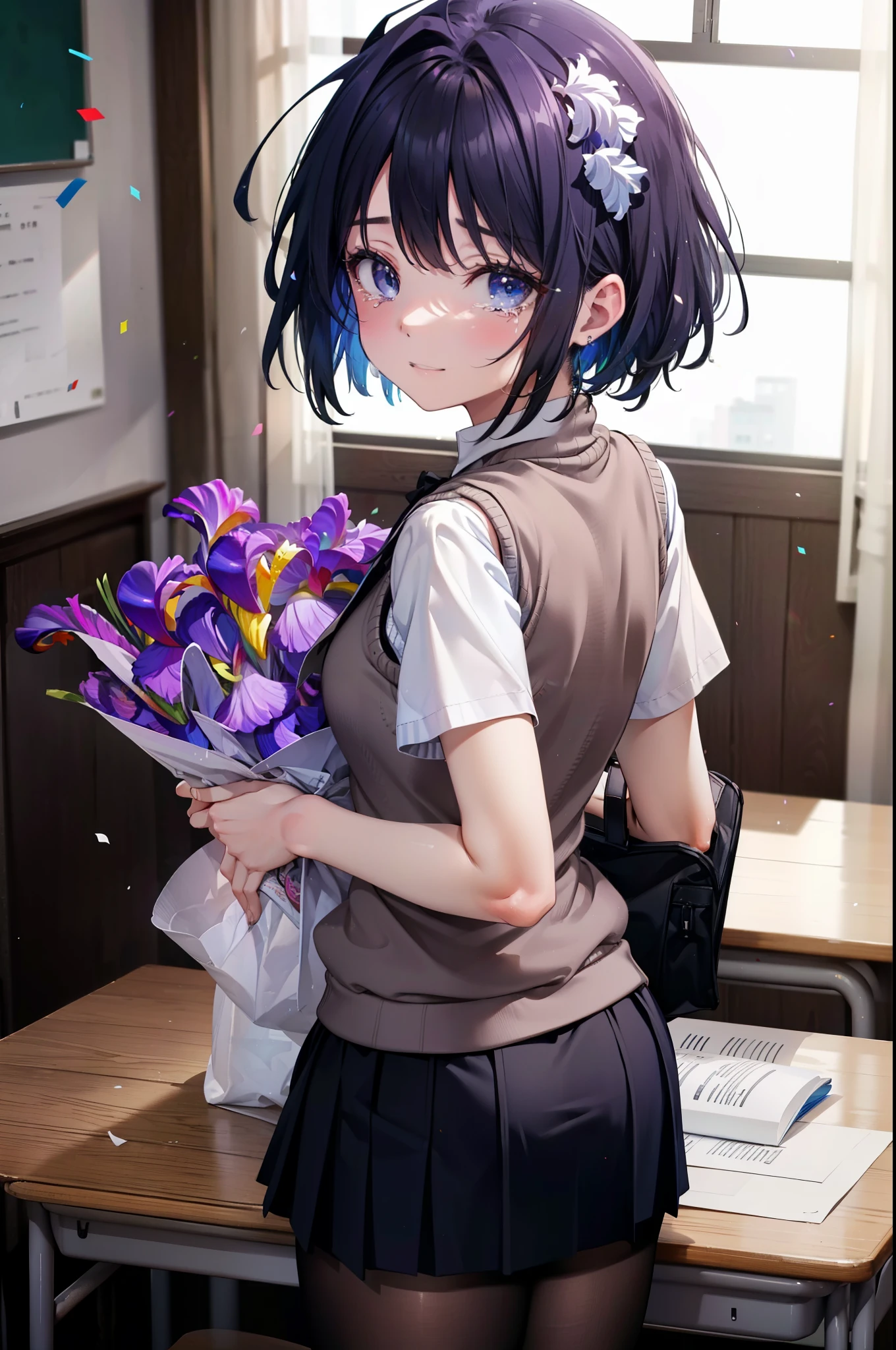 yuukikonno, Yuki Konno,Black Hair,short hair,Bob Hair ,Green headband,(iris:1.5), (Small breasts:1.2), smile,break skirt, shirt, bow, ribbon, , white shirt, Short sleeve, Pleated skirt, collared shirt, mini skirt, bowtie, 茶色のloafers , Black Skirt, Black Pantyhose, loafers, black bow, Sweater vest, (back Sweater vest:1.5),whole bodyがイラストに入るように,holding a large bouquet of flowers in both hands,Confetti,
break indoors, School,classroom,
break looking at viewer, whole body,
break (masterpiece:1.2), highest quality, High resolution, unity 8k wallpaper, (shape:0.8), (Beautiful details:1.6), Highly detailed face, Perfect lighting, Highly detailed CG, (Perfect hands, Perfect Anatomy),