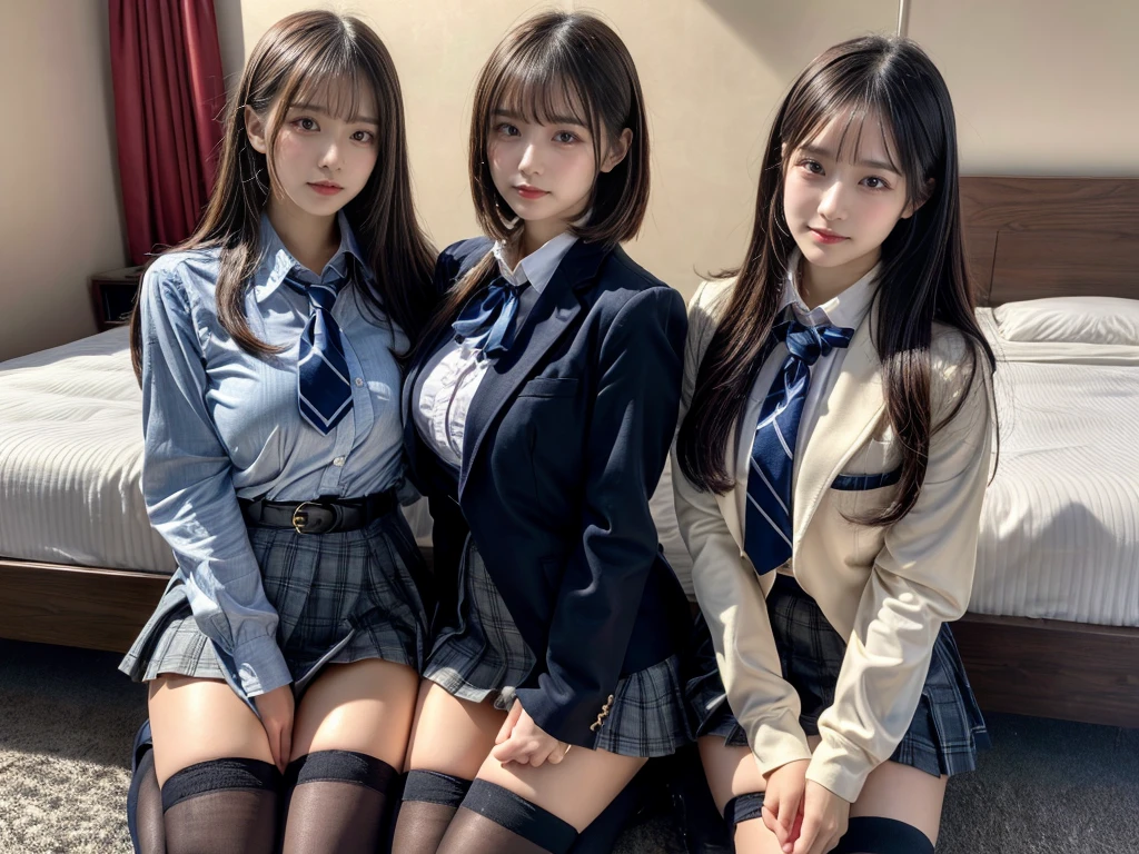 (8K, Raw photography, top-quality, ​masterpiece:1.2), master piece, best quality, illustration, Super detailed, fine details, High resolution, 8K,wall paper, perfect dynamic composition,(Details High quality, realistic depiction of eyes:1.3), ((2 girls, 2 schoolgirls)), The background is a luxury hotel room、High school girl uniform、blazer 、Super Short Check Uniform Skirt、Navy blue high socks、garterbelts、Colossal tits、Disturbed uniform, Play with each other,Touching each other's bodies,Touching the body of the girl next door, short bob hair, black hair color, huge breasts, Big Natural Color Lip, bold sexy pose, (perfect body shape), crying a little、cold gaze,  Beautiful makeup,glitter makeup,Cutest 18 years old, beautiful legs, hposing Gravure Idol, Voluptuous thighs
