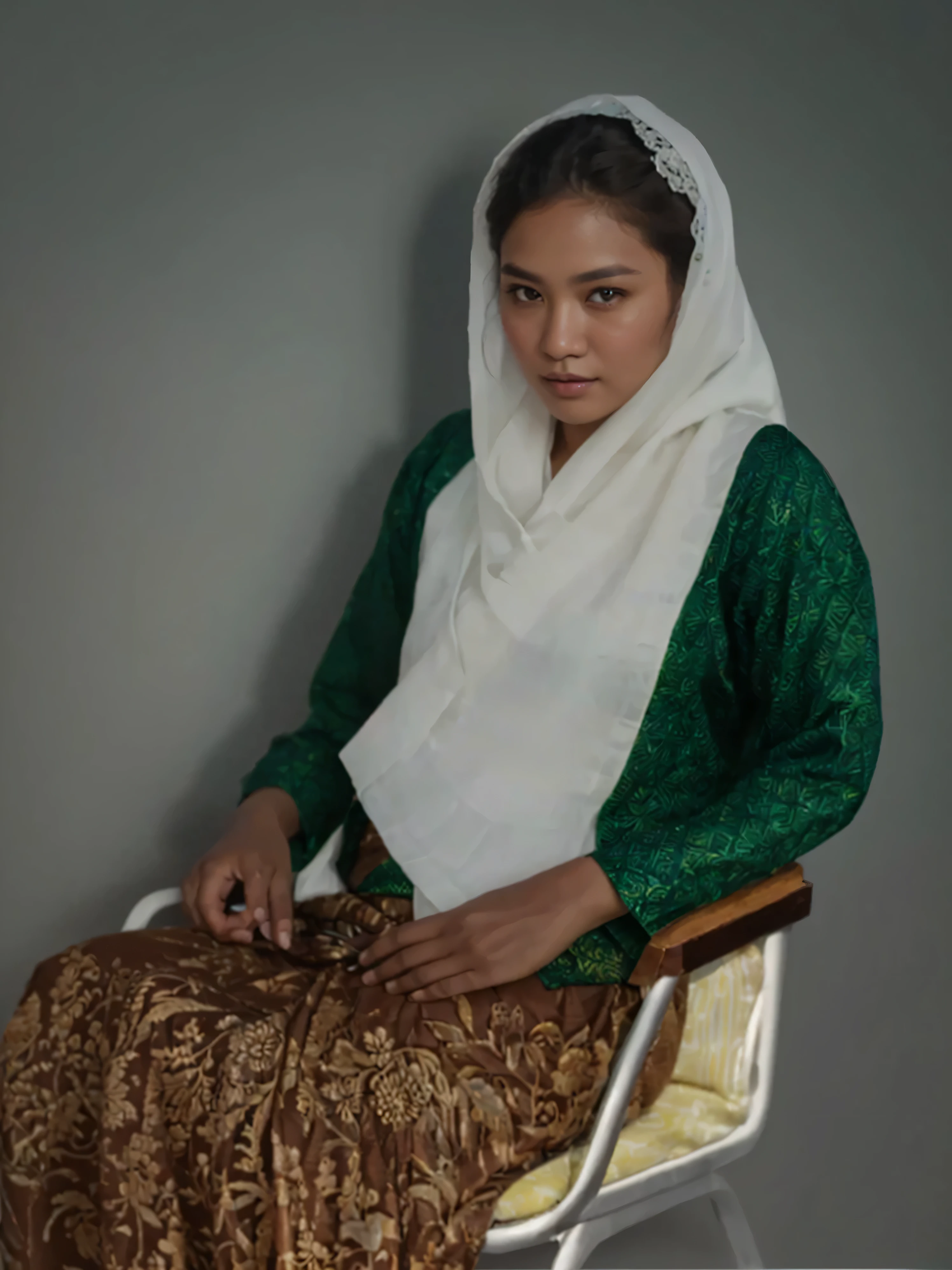 Make this photo look detailed and realistic, There is a woman sitting in a chair with a white scarf and and green batik kebaya, 2 0 years old woman, from indonesia, a colorized photo, hand - tinted, color portrait, restored color, potrait, colorized photo, colourized, photo in color, colorized photograph, photo of a woman, colored photo, traditional portrait, colorized, modern portrait, very detailed potrait, realistic portrait photo, profile portrait, very detailed face, very realistic face, very perfected face, very detailed clothes, very realistic clothes, very perfected clothes, enhanced potrait, full potrait, perfected arms, perfected arms, perfected hands