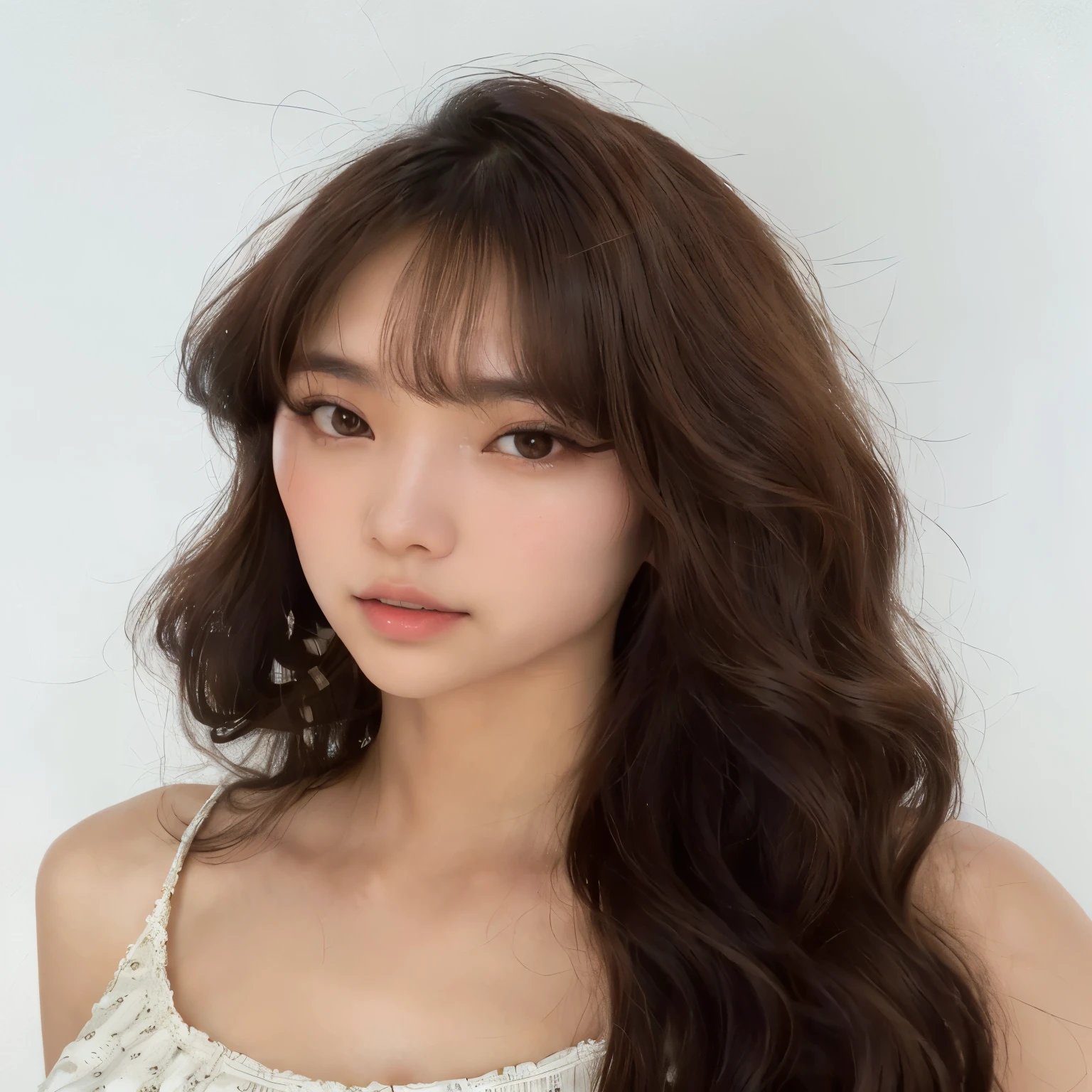 Close-up of woman with long brown hair wearing a white shirt, Lalisa Manubal, brown hair With explosions, Curtain explosions, Bangs and wavy hair, Brown hair and bangs, Fluffy bangs, With explosions, neat hair With explosions, Brown explosions, brown long hair With explosions, Asian Face, long hair With explosions, Yangon Chength, There were