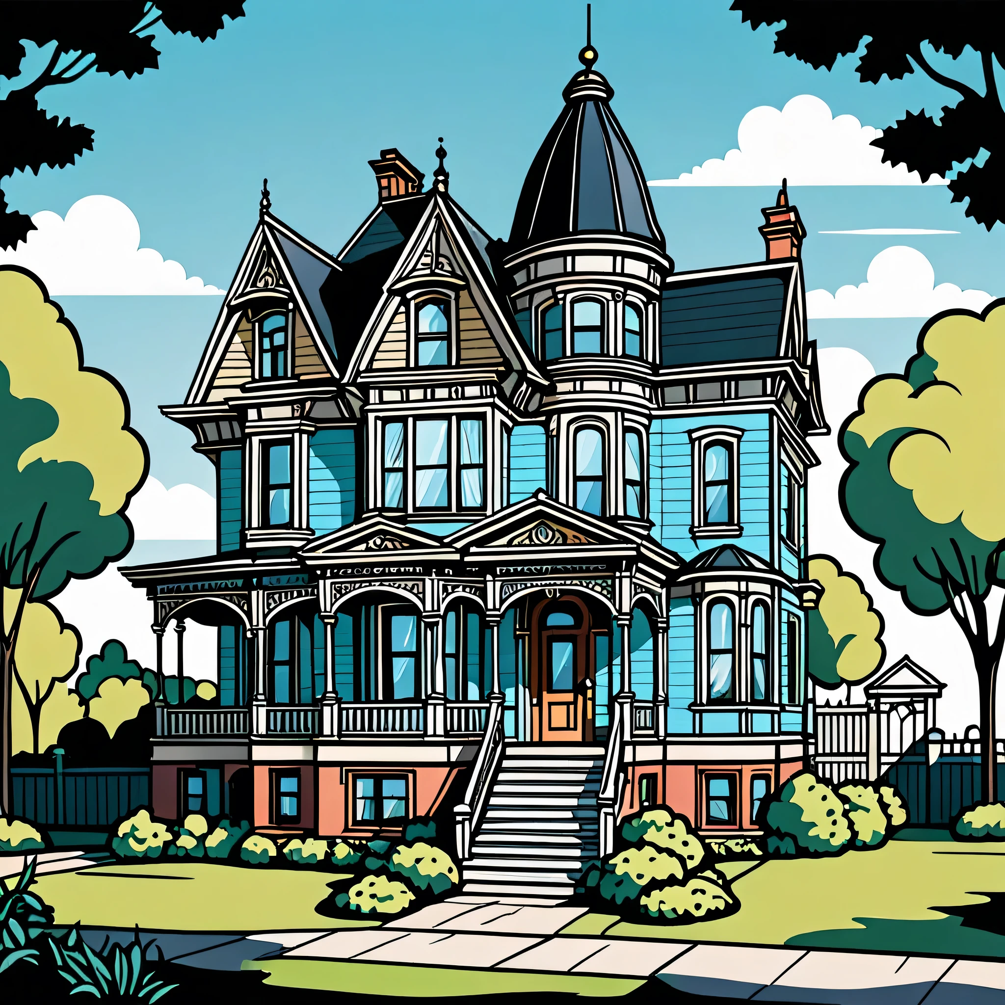 a victorian house in a vector cartoon style ((flat color)) [black outlines]