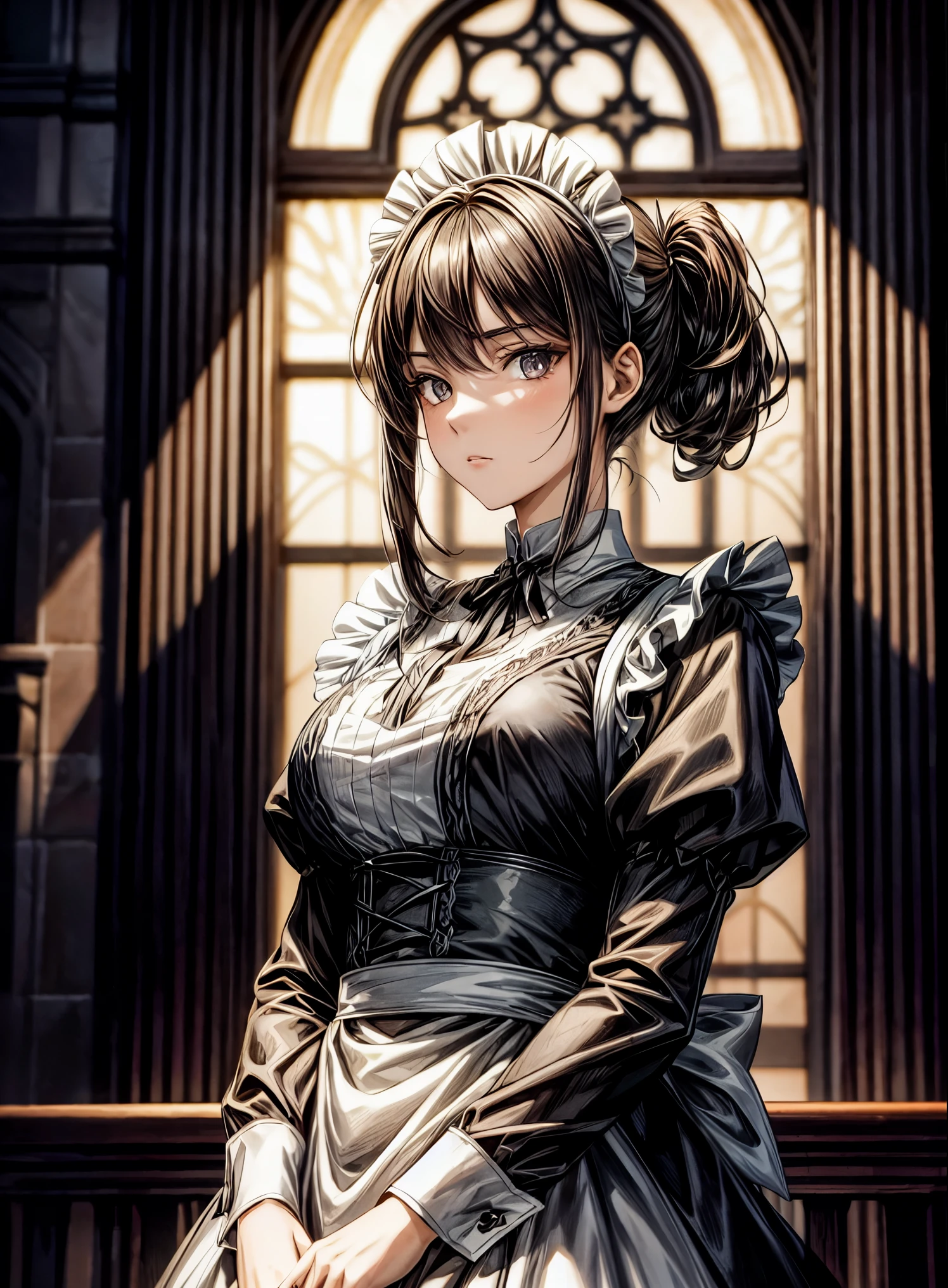 Anime girl in a black dress standing in front of a window - SeaArt AI