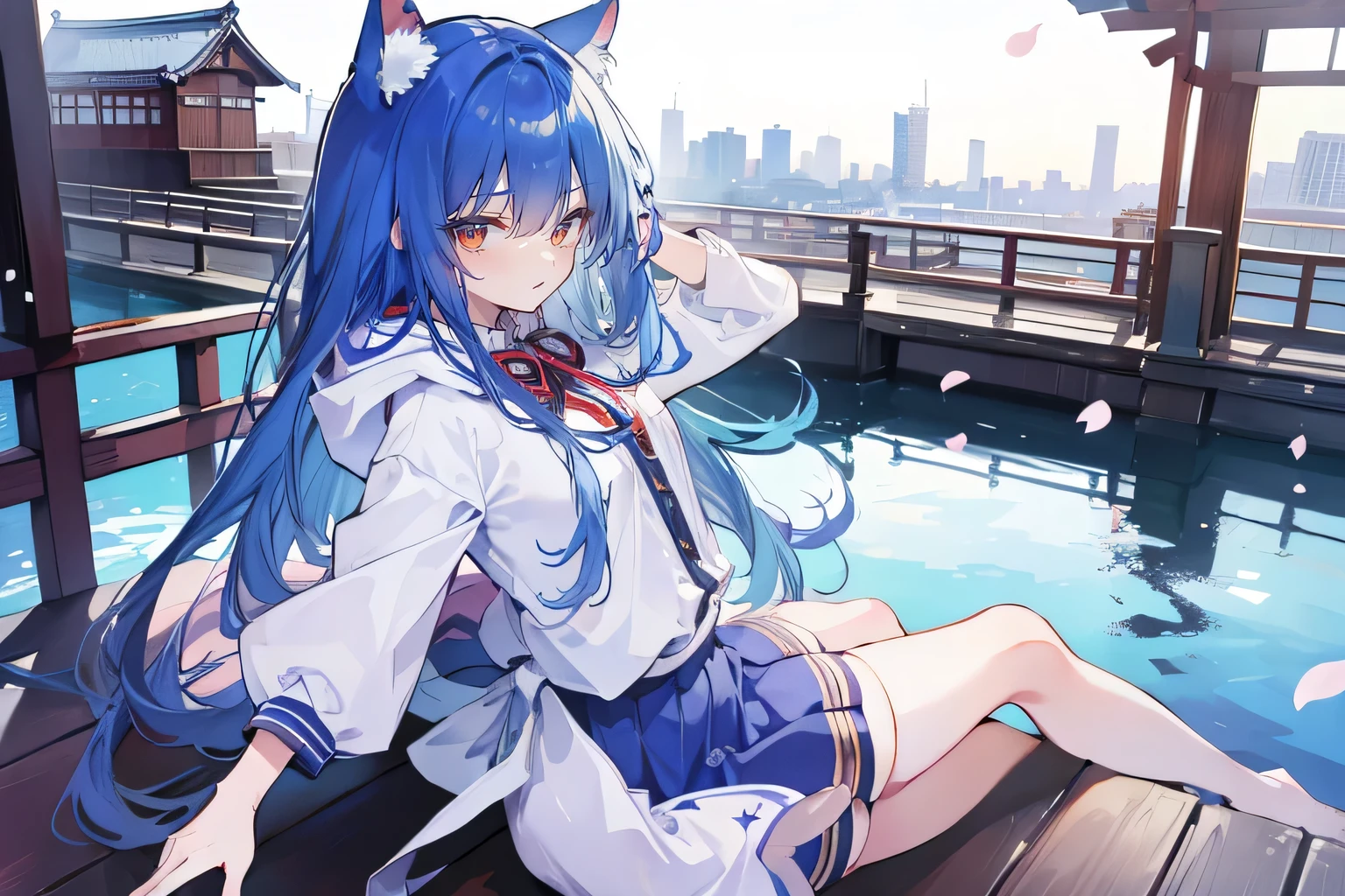 (masterpiece:1.2),Super detailed,lifelike,Expressive eyes,fair skin,perfect face shape,1 girl,
Japanese comics,Gorgeous blue hair,flowing blue hair,flowing clothes,Cat ears,Petals fall,beautiful lola,Baby Angel,
Shaking head with one hand,Cross your legs,Gentle and peaceful background,The pavilion is cool and comfortable,smile, wearing hoodie, background of tokyo,back views,snowing, winter,lie on the water.