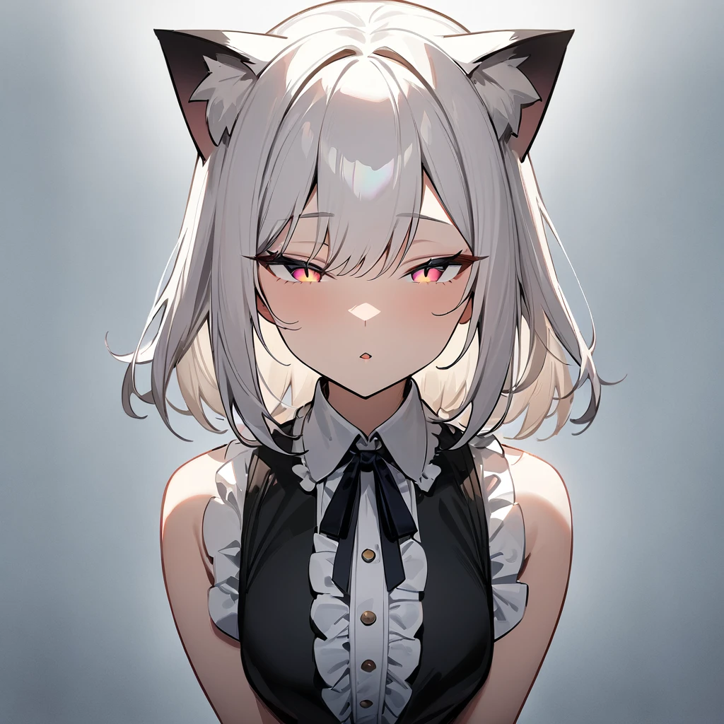 1girl,Cat ear,Slit pupil,masterpiece,best quality, very aesthetic,absurdres,highlight,center frills,cat ear,medium shot,looking at viewer,half closed eyes,front view,Parted lips,kiss,Dutch angle,straight-on,White hair,arms,imminent kiss
