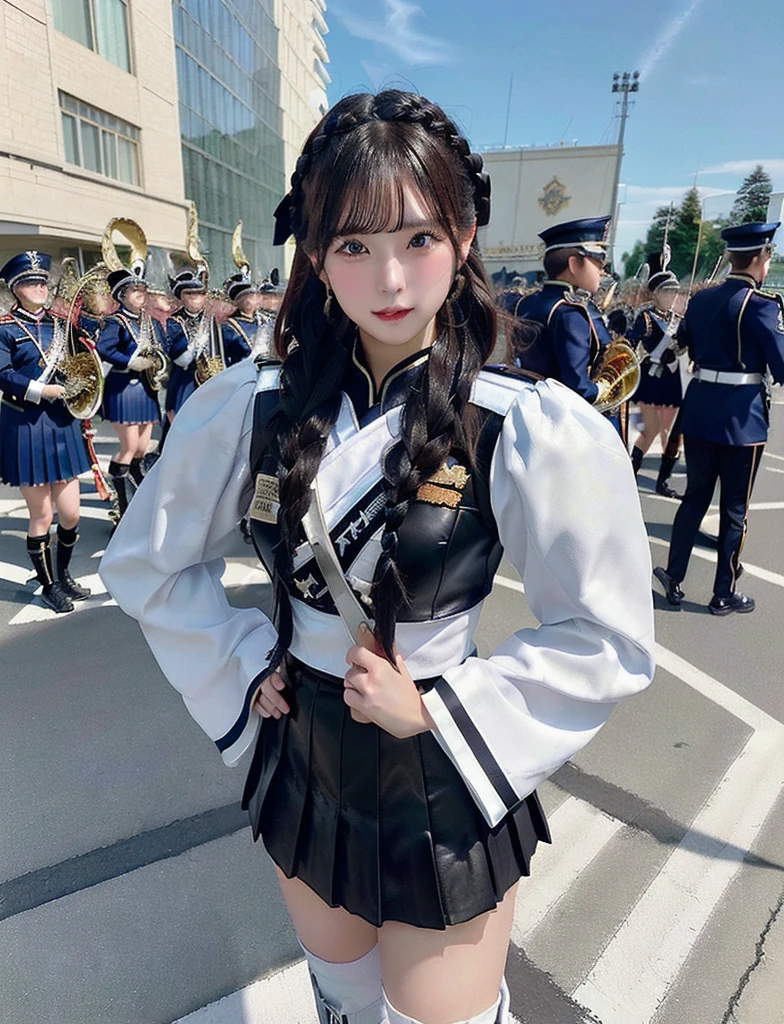 A girl dressed as a drum major with a marching band in the background,Skin-tight leather marching outfit、 A short pleated skirt that exposes your butt、White braided boots、Highly detailed official artwork, 4K Konachan Wallpaper, Kschaert Krentz Key Art Feminine, marin kitagawa fanart, High resolution,