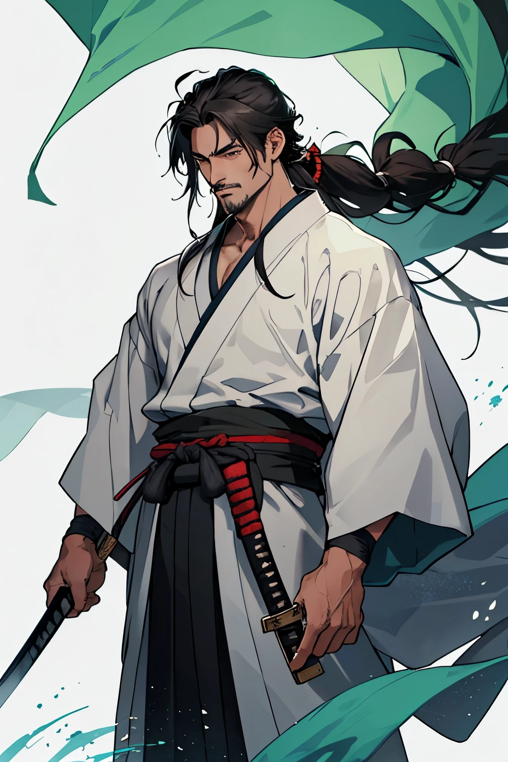 best quality (katana: 1.4), serious,(at night: 1.4), a single 18-year-old has long black hair that is loose to the winds, and poured down his body, smooth and shiny, which fall gently to his back. Her hair is thick and has a healthy appearance, contrasting with her fair skin. The young man's eyes are deep and emerald green, intense as two light pearls. They reflect calm and an inquisitive curiosity. With his upright posture, the young man shows a confident bearing and a cheerful and hyperactive aura. He wears a white kimono with blue-green details with patterned gray clouds, with a large yellow ribbon at his waist, sleeveless, made of a quality fabric. giving him the look of a swordsman. It has a golden lion tamarin on its shoulder. At his waist, he carries a white katana with gray details on the blade. The long, sharp blade is made of polished steel, reflecting light. The katana grip is wrapped in black leather, offering a firm and secure grip. The scabbard of the sword adorned with demonic symbols. Kimetsu no Yaiba style, alone, 1boy, muscular man, demon slayer style, loose hair, quiet look, smiling, tall, confident, only 1, spilled hair, loose and big hair