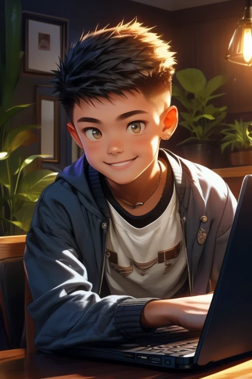 1boy, 18years old, laptop, in a cafe, Wearing a jacket over a T-shirt, smile, Woody interior with lots of plants, evening, Short spiked hair, crew cut hair, Cute, Young, Asian, 