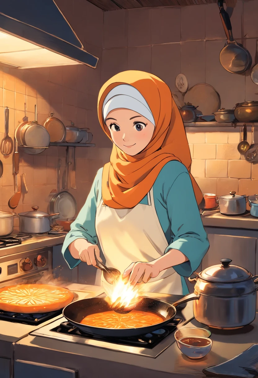 A round face 50 years old female wearing hijab outfits cooking at her kitchen at her home, orange tomcat, Tintin, herge, european comics