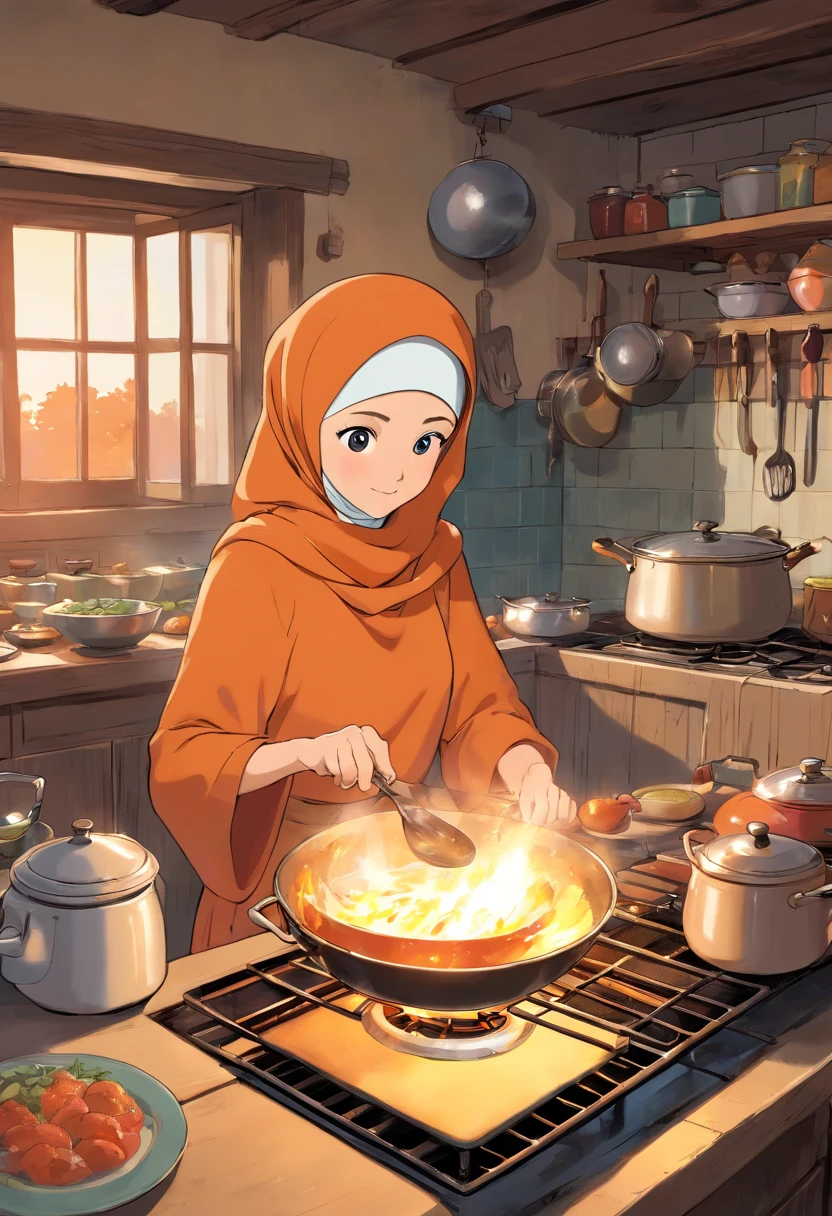 A round face 50 years old female wearing hijab outfits cooking at her kitchen at her home, orange tomcat, Tintin, herge, european comics