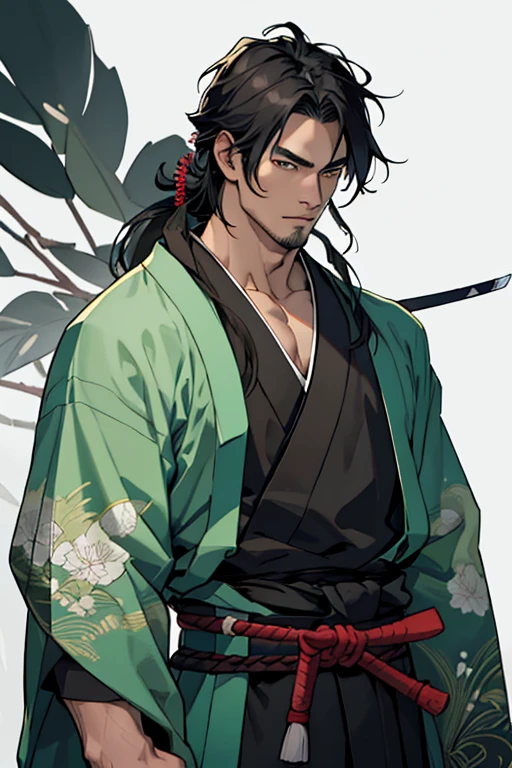 the man had a handsome face, an ideal body, with a green wind-themed samurai kimono, he had long hair, and he also had a sword around his waist,