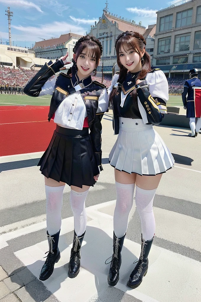 A girl dressed as a drum major with a marching band in the background,Skin-tight leather marching outfit、 A short pleated skirt that exposes your butt、White braided boots、Highly detailed official artwork, 4K Konachan Wallpaper, Kschaert Krentz Key Art Feminine, marin kitagawa fanart, High resolution,