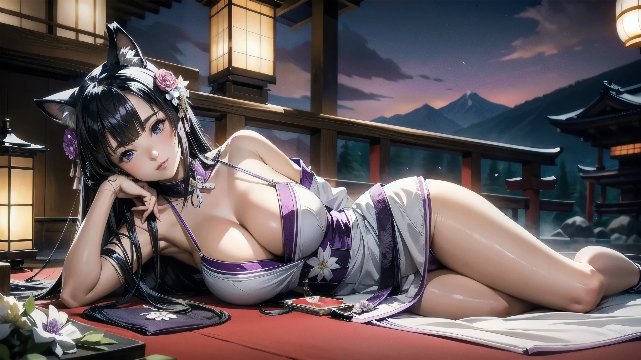 luxury japanese style mountain temple background, white and purple japanese dress, cleavage, massive large breasts, animal ears, raccoon ears, sensual, late evening, full body, relaxing, flowers, lounge bar,