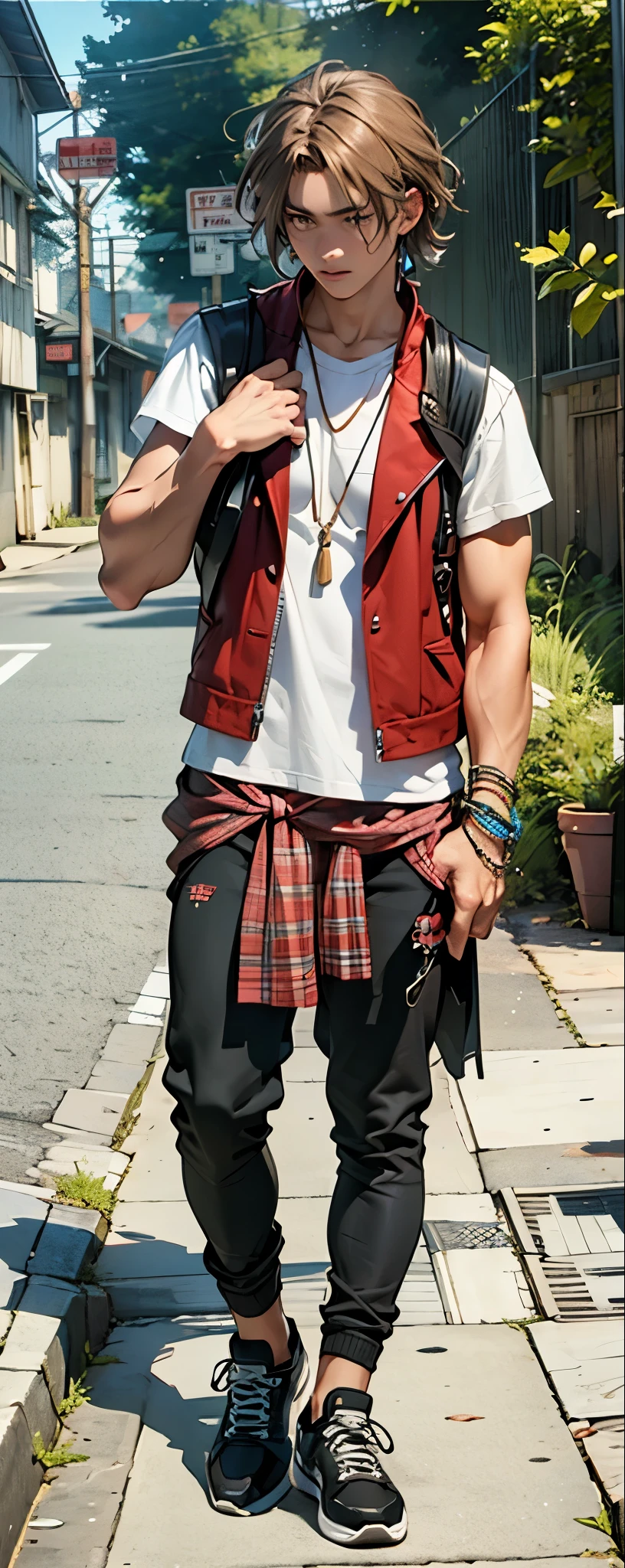grunge boho, young man, accessories, red cloth gilet, white sneakers, hands down