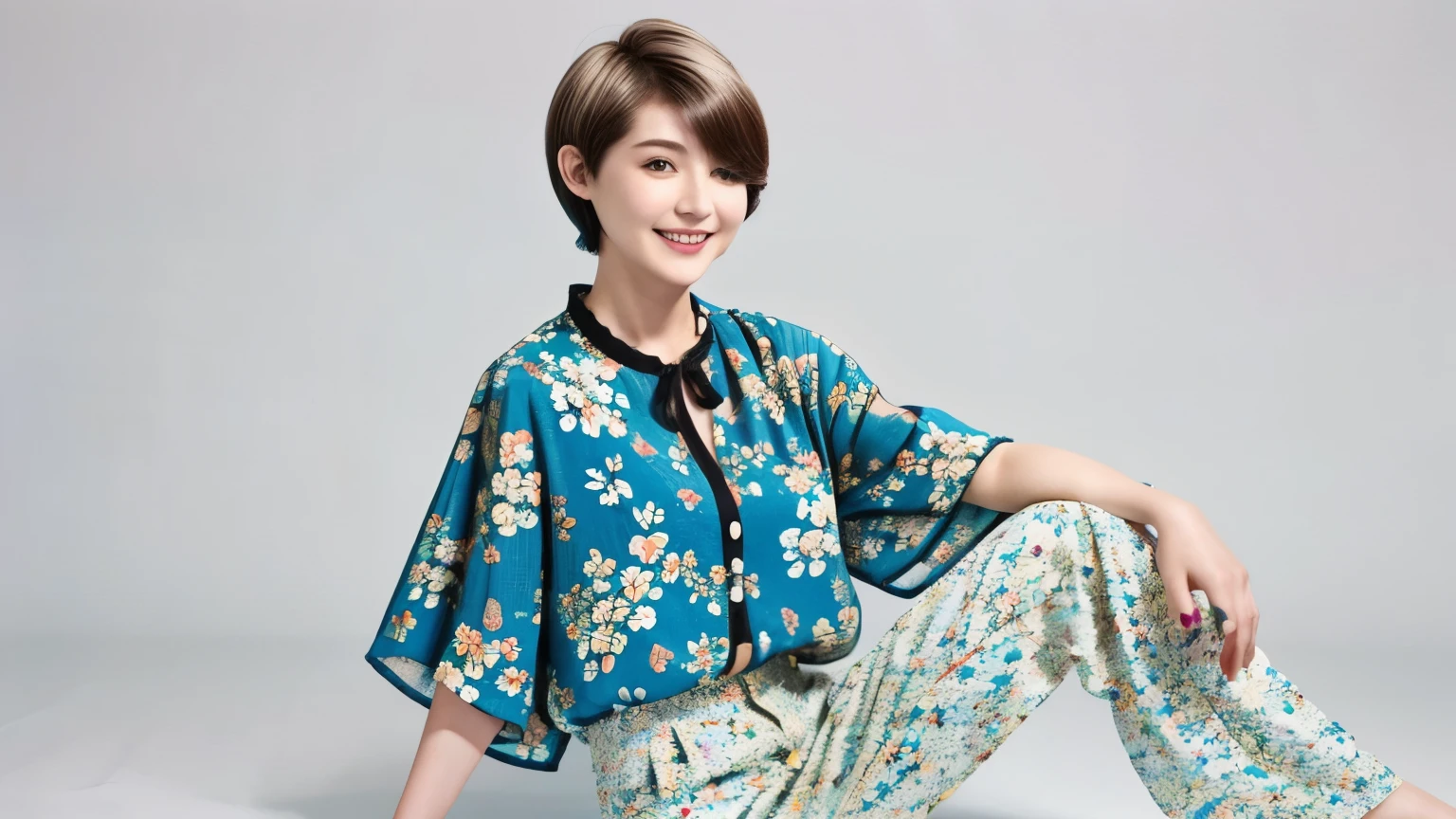 230 (18-year-old female,Floral clothes), ((short hair:1.46)), (Pants Style), (A kind smile)