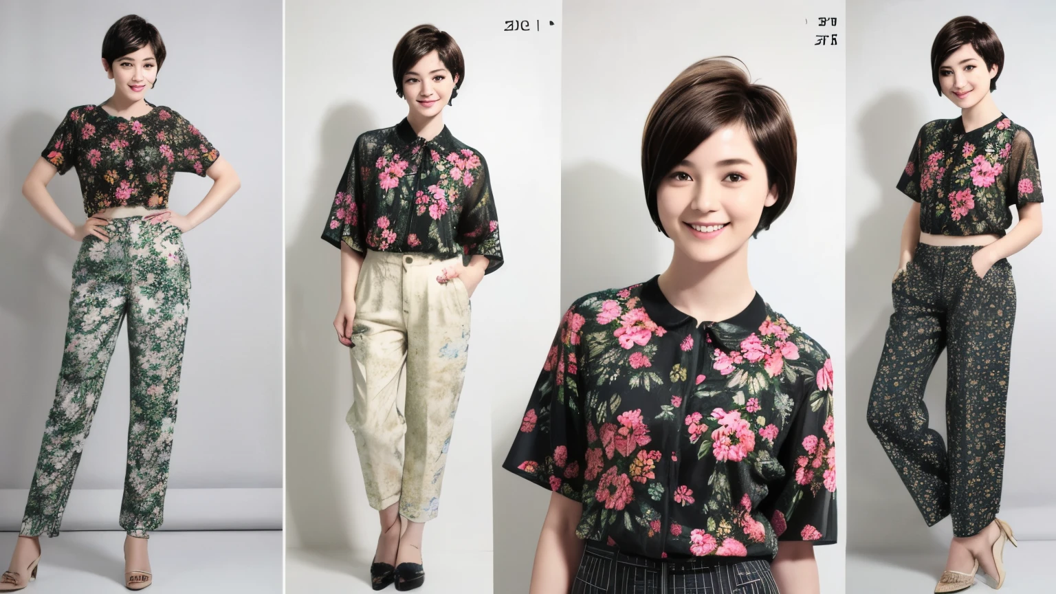 230 (18-year-old female,Floral clothes),  ((short hair:1.46)),  (Pants Style), (A kind smile)