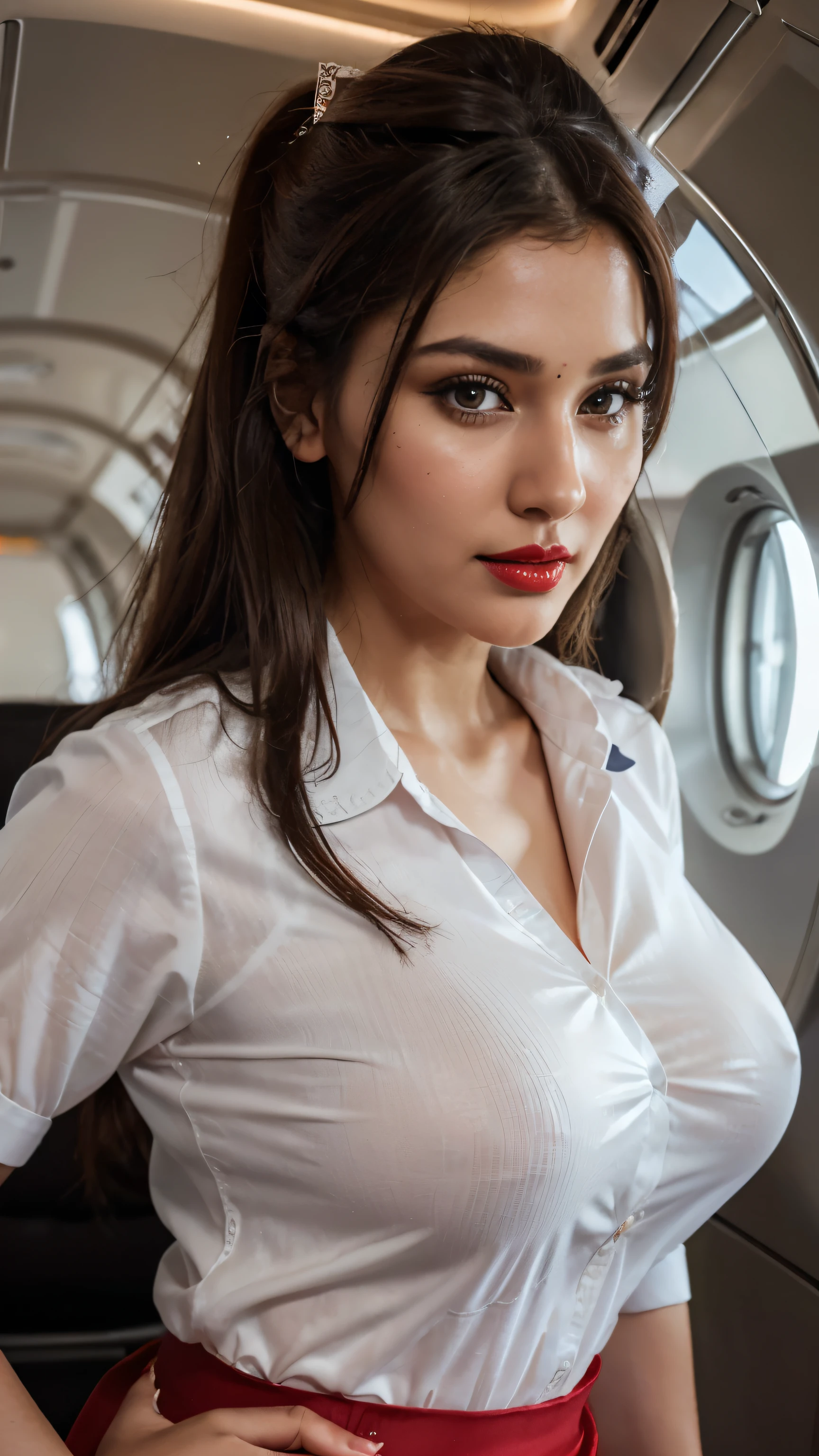 Masterpiece, RAW photo, best quality, photorealistic, extremely detailed CG unity 8k wallpaper, Depth of field, Cinematic Light, Lens Flare, Ray tracing, (extremely beautiful face, beautiful lips, beautiful eyes), intricate detail face, ((ultra detailed skin)), Indian Air hostess, Air hostess hot, inside a jet, hot girl, very hot, sexy figure, wearing air hostess dress ((Air hostess dress, air hostess uniform, shirt and skirt)), seductive, big tits, deep cleavage, big hips, round lips((red lipstick glossy)), INTENSE MAKEUP, ponytail hair