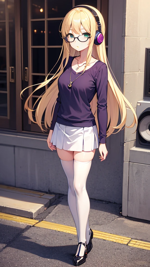 ((Full body, best quality, highly detailed)) 1girl, blonde, long hair, green eyes, medium breasts, glasses, casual clothes, purple shirt, white skirt, thighhighs, pendant, she's listening music with headphones