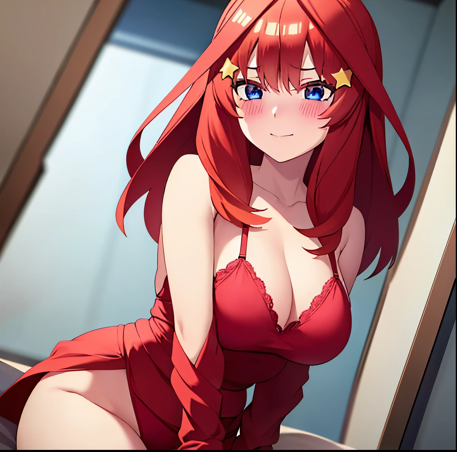 1 girl, alone, itsuki nakano, detailed background, aged, mature woman, star hair ornament, medium hair, red hair, choke, bangs, hair amazing eyes, blue eyes, milf, sexy body, bottom, red lingerie, red bra, red thong, smile, blush, looking at viewer, from behind, point of view (from below), seductive, room, bedroom, sitting on bed, ((sweat blush, big breasts, medium waist, wide hips , medium thighs, perfect anatomy, perfect hands