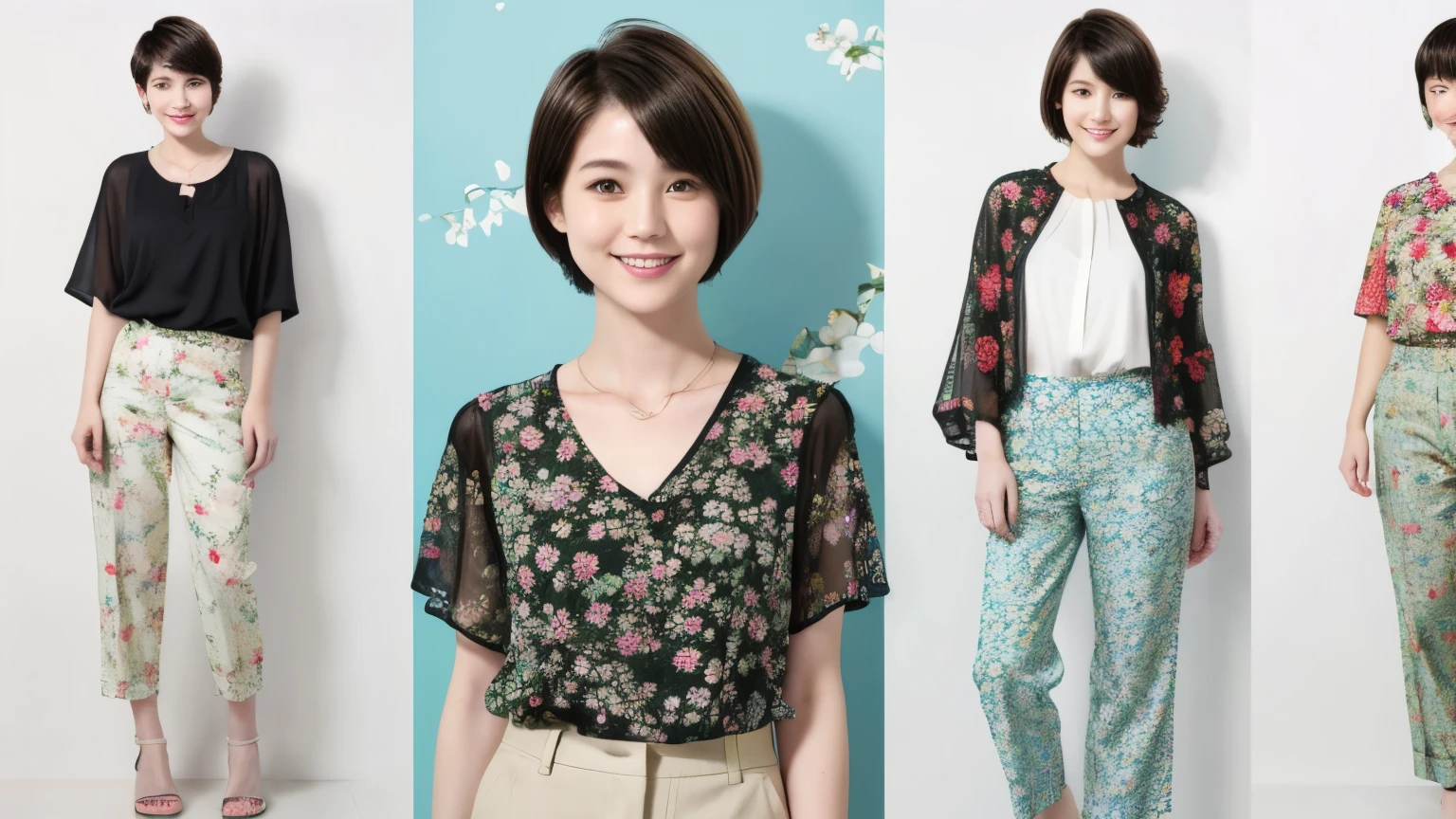 230 (18-year-old female,Floral clothes), ((short hair:1.46)), (Pants Style), (A kind smile)