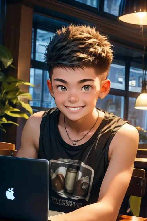 1boy, 18years old, laptop, in a cafe, Wearing a T-shirt, sleeveless, smile, Woody interior with lots of plants, evening, Short spiked hair, crew cut hair, Cute, Young, Asian,